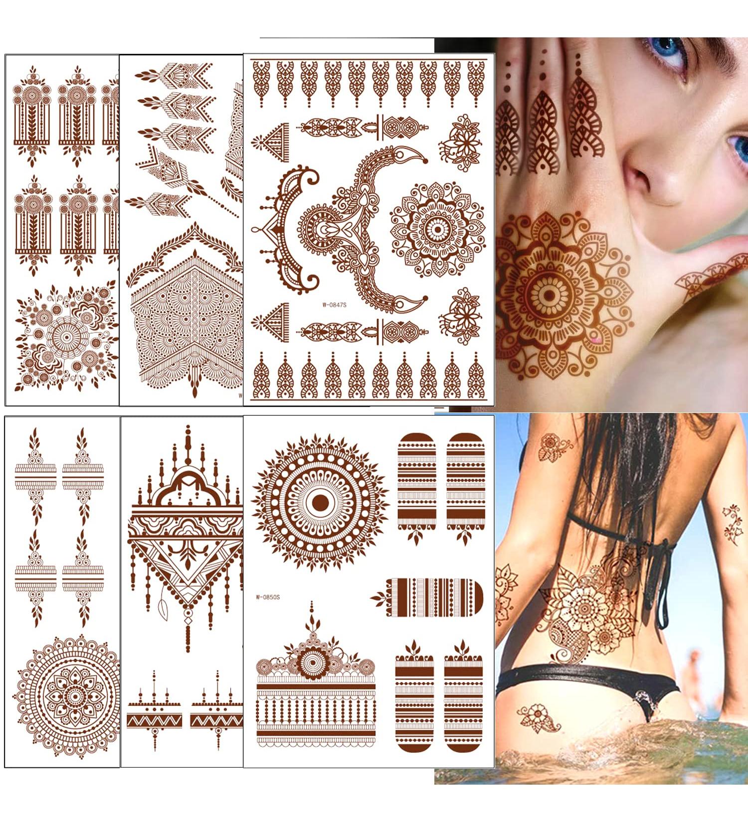 Brown Henna Temporary Tattoo Stickers - 80+ Exquisite Patterns for Women & Girls - Waterproof Fake Tattoos for Wedding & Festive Party Decorations - 6Pcs (Brown) - Buy Online on SooperMarket.com