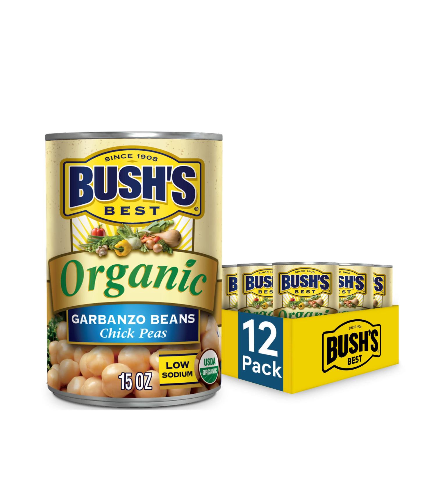 BUSH'S BEST Organic Garbanzo Beans Canned Beans Organic Chick Peas USDA Certified Organic Source of Plant Based Protein and Fiber Low Fat Gluten Free (12) 15 Ounce (Pack of 12) - Buy Online on SooperMarket.com