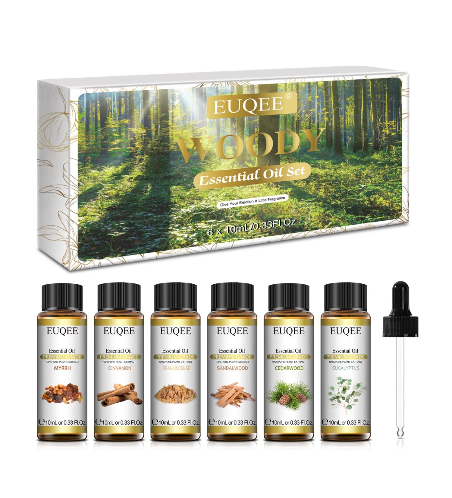 EUQEE Woody Aromatherapy Essential Oils Set - Eucalyptus, Cedarwood, Sandalwood, Frankincense, Cinnamon, Myrrh - 6 x 10ml White Bottles - Buy Online on SooperMarket.com