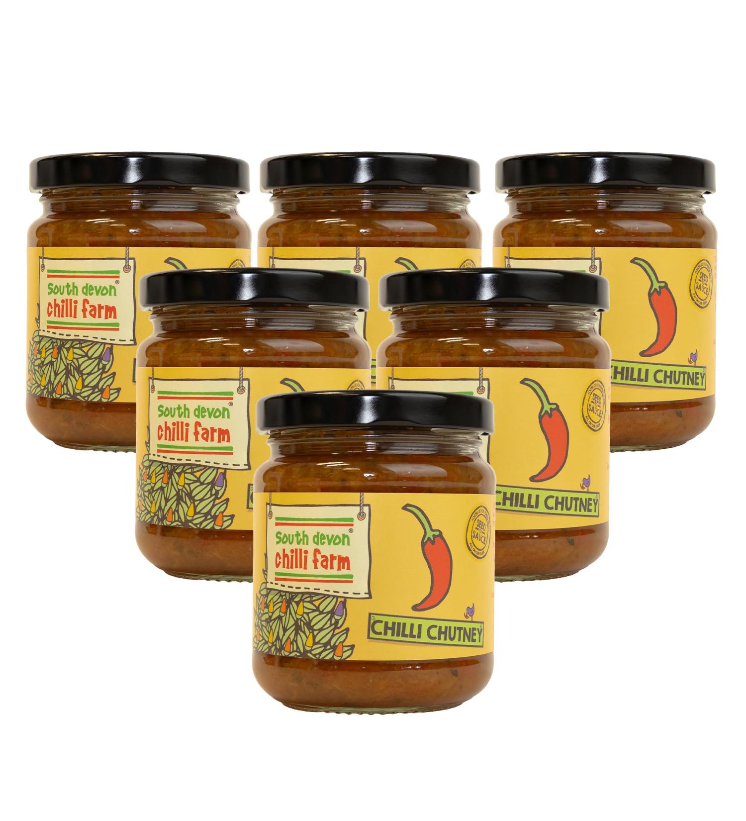 South Devon Chilli Farm Chilli Chutney | Traditional Chutney with a Mild Chilli Heat - Ideal for Cheese & Crackers & Sandwiches - Made with Fresh Chillies - Gluten Free Case of 6 220g - Buy Online on SooperMarket.com