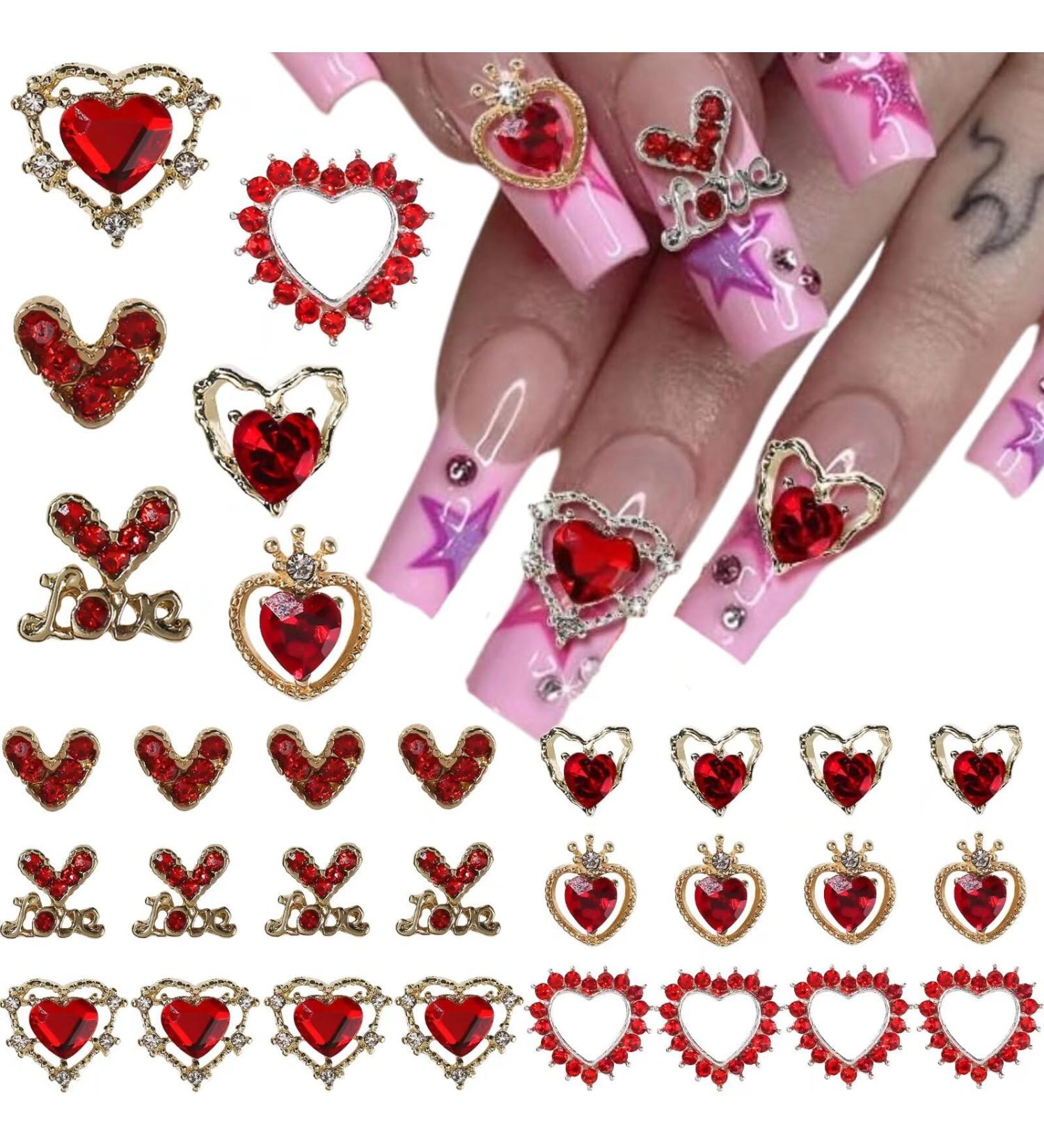 RUNRAYAY 30Pcs Heart Nail Charms Red Nail Gems 3D Metallic Nail Rhinestones for Acrylic Nails Designs Shiny Love Crystal Charms for Women Girls Nail Art Supplies Decoration - Buy Online on SooperMarket.com