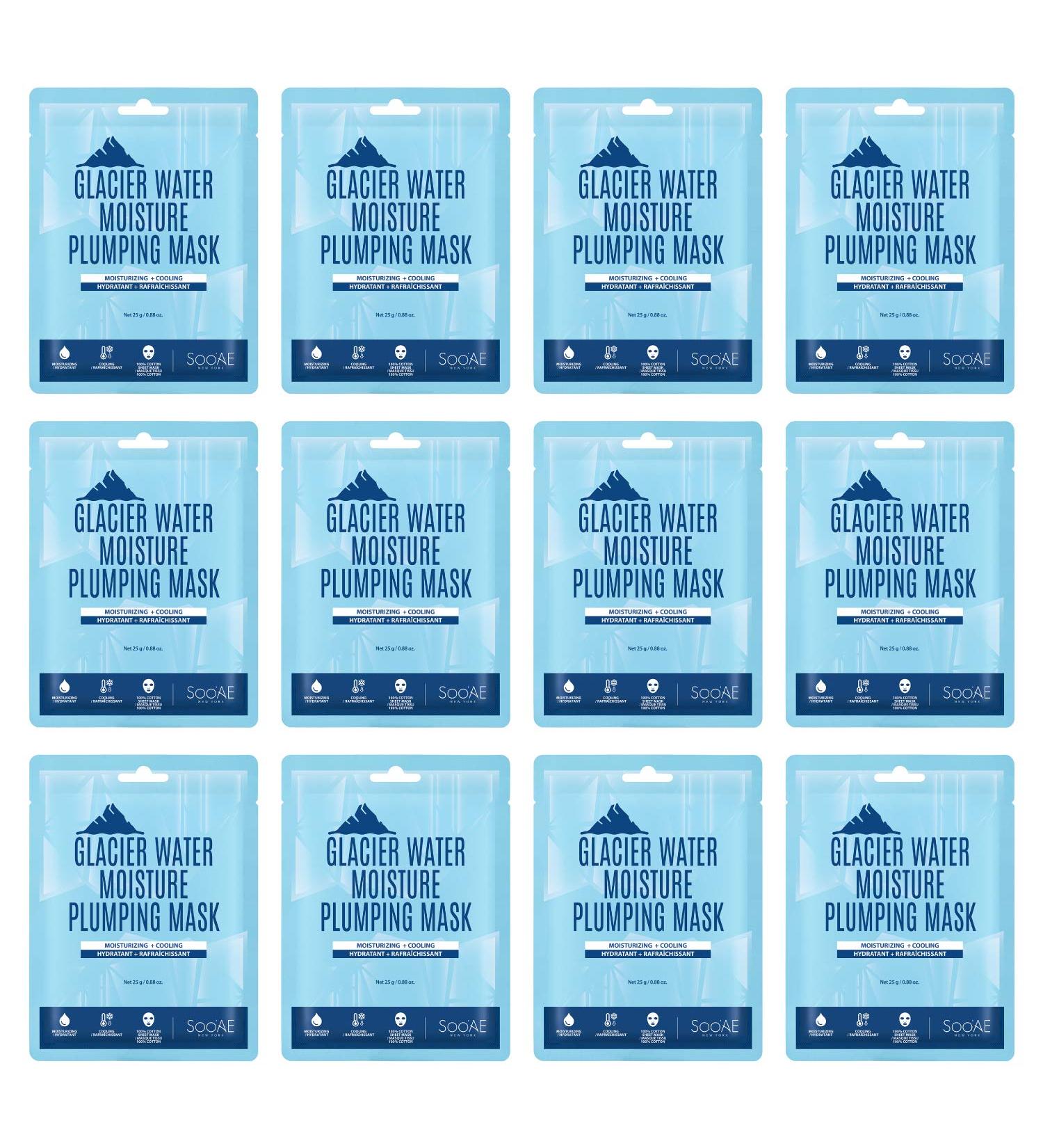 Soo AE Glacier Water Moisture Plumping Mask - 12 EA | Cooling Hydrating Facial Mask | Korean Skincare Cotton Mask Pack - Buy Online on SooperMarket.com