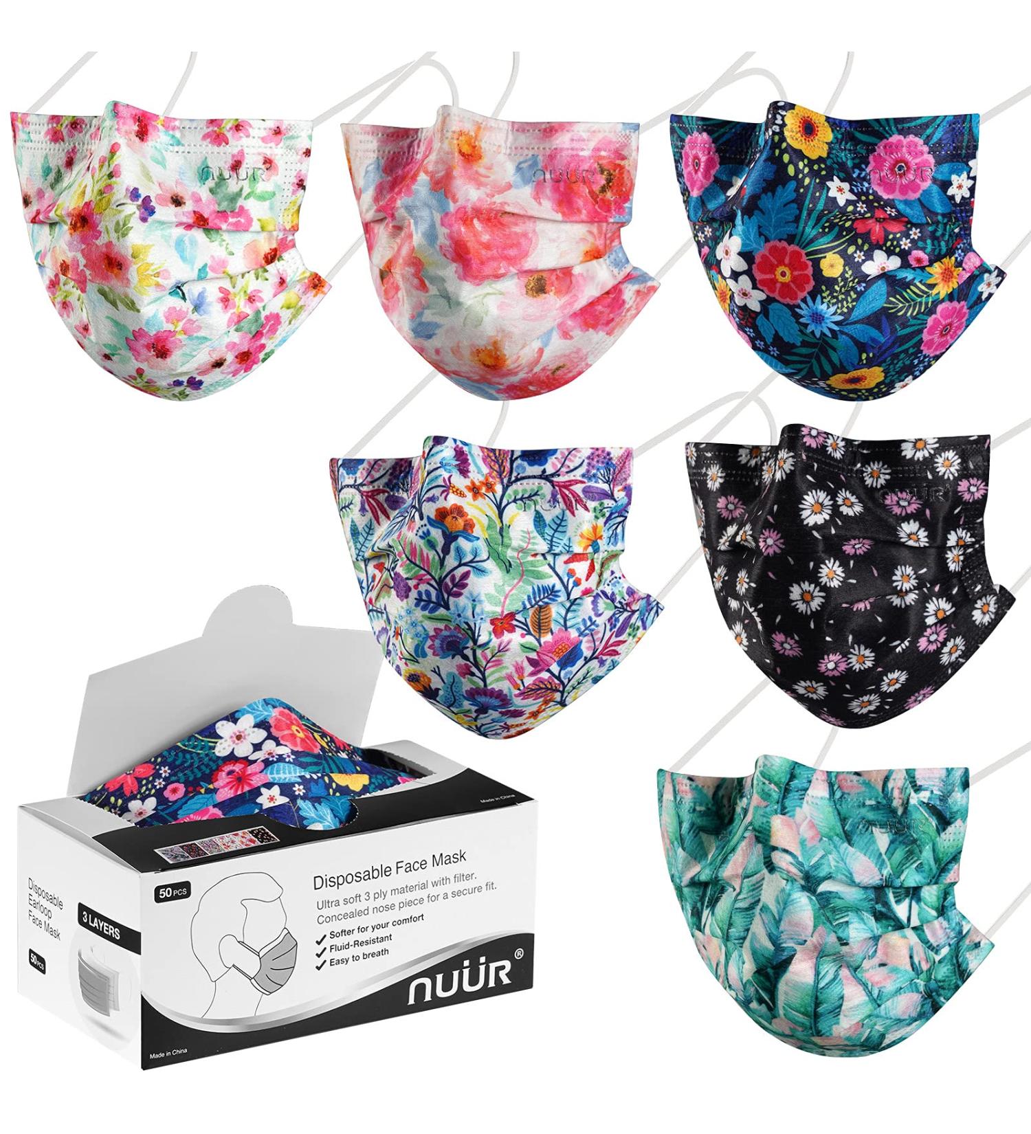 NU R Disposable Face Mask 3Ply Mask with Filter Layer and Elastic Earloop Retail 50pcs/box FLORAL 50PCS - Buy Online on SooperMarket.com