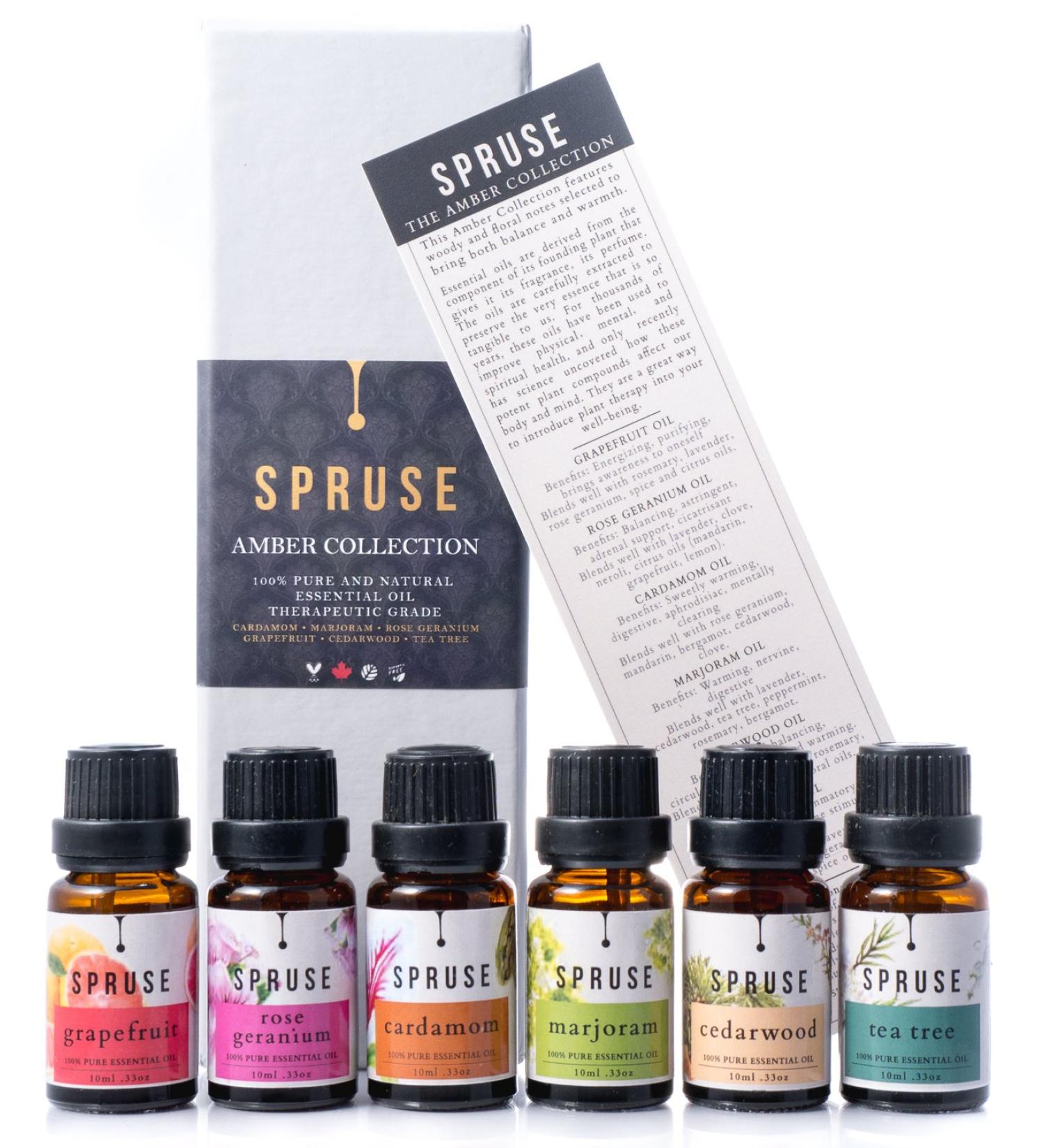 SPRUSE Canadian Amber Collection 100% Natural Essential Oils Set of 6 - Cardamom Marjoram Rose Geranium Grapefruit Cederwood & Tea Tree - Buy Online on SooperMarket.com