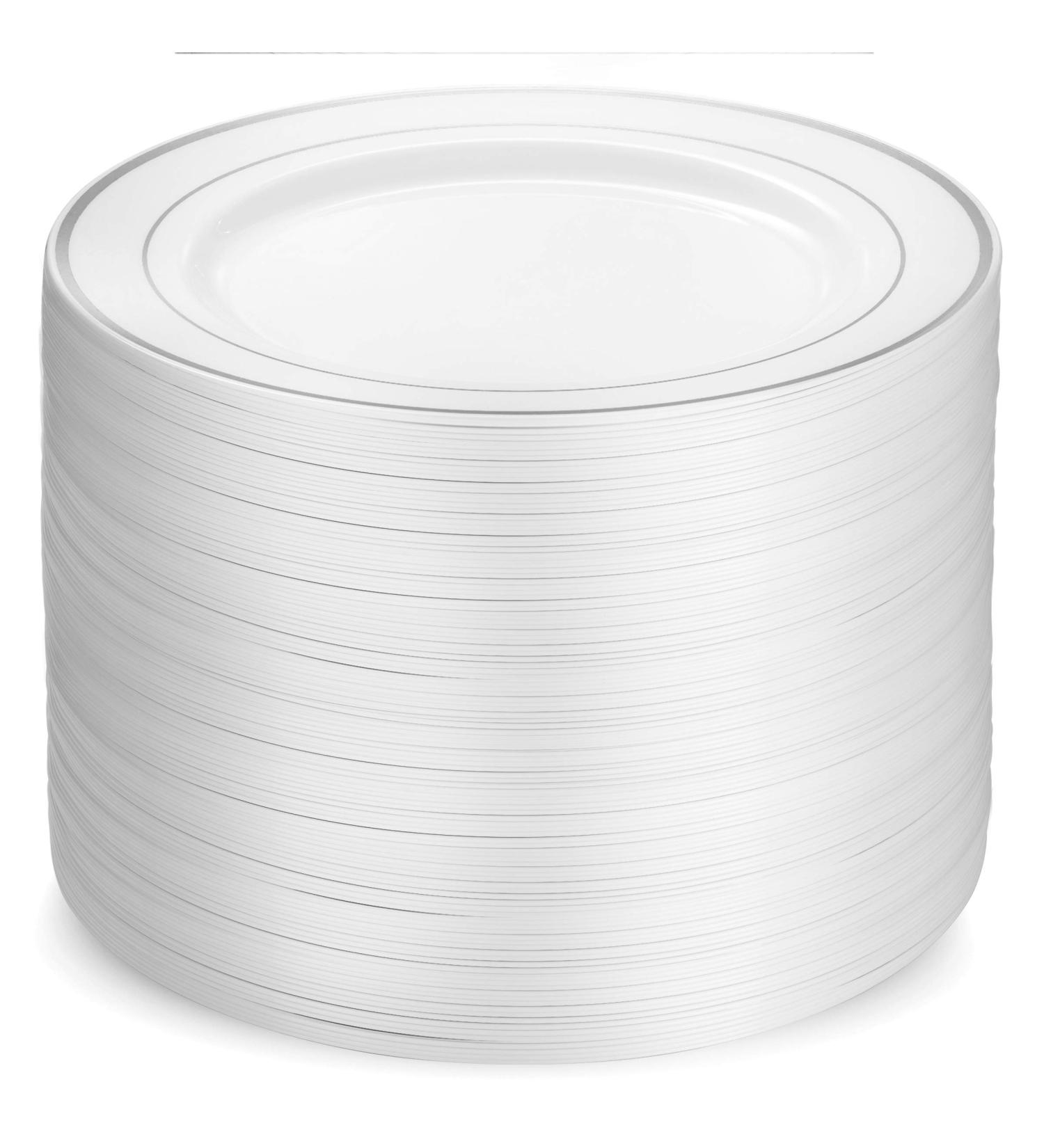 Munfix 100 Piece White Silver Rim Plastic Party Plates - 10.25 Inch Premium Heavy Duty Dinner Plates for Wedding - Elegant & Fancy Disposable Plates - Buy Online on SooperMarket.com