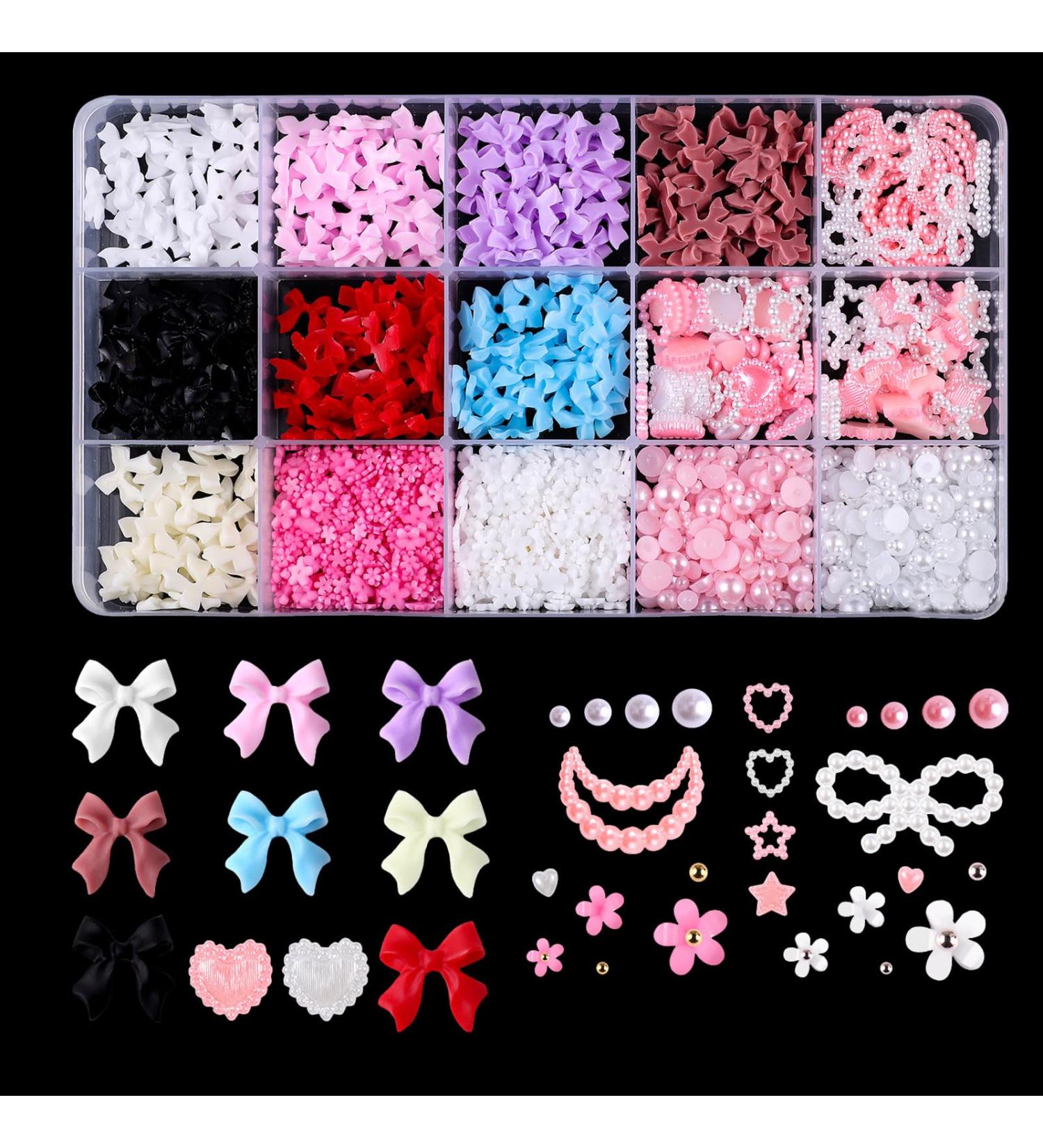 1000 PC 3D Nail Decorations Set - Pink & White Heart Charms Loop Nodes & Strass Stones for DIY Manicure & Jewelry - Buy Online on SooperMarket.com