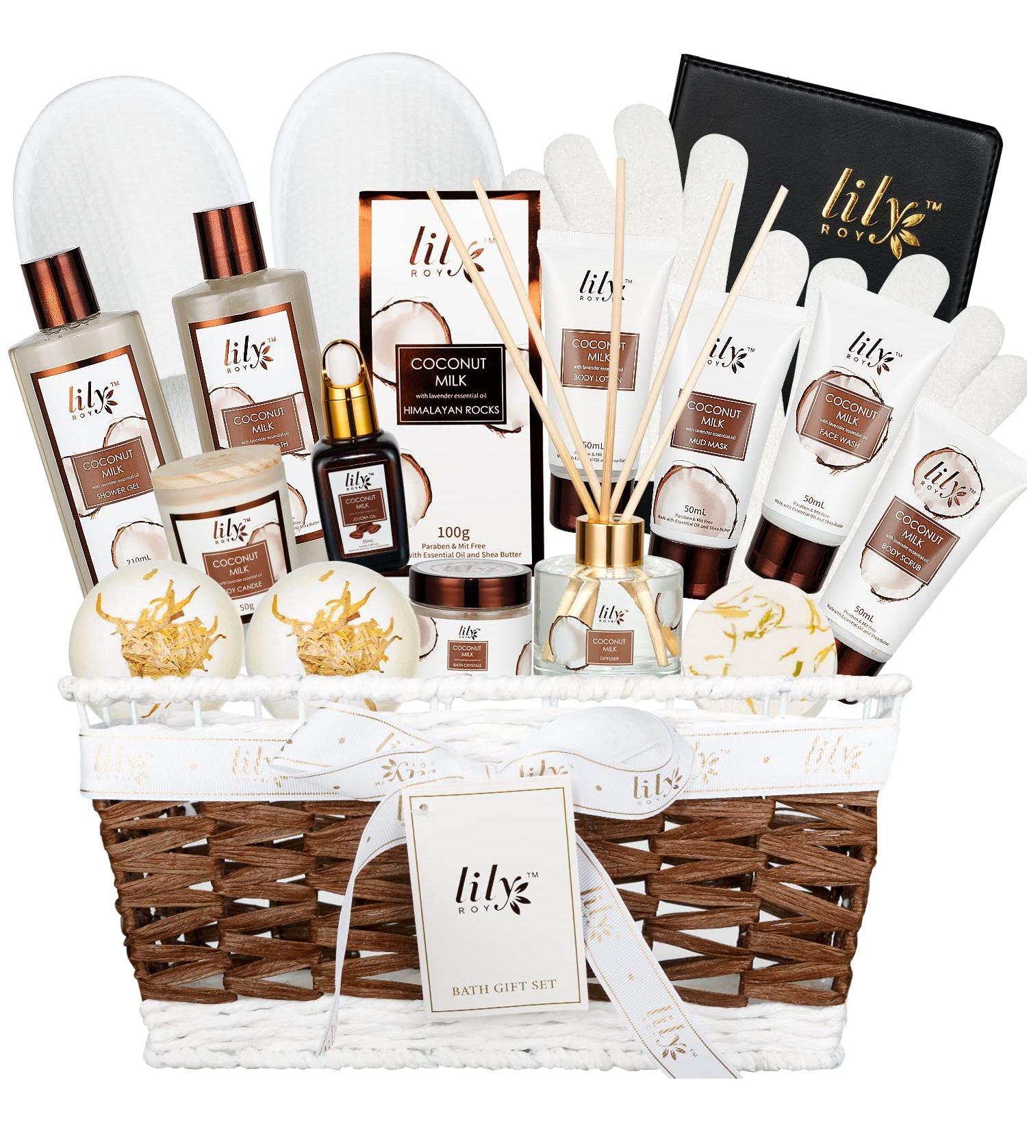 Coconut Milk Spa Gift Basket for Women - 18pc Bath Set with Bombs, Bubble Bath, Shower Gel, Scrub & More - Buy Online on SooperMarket.com