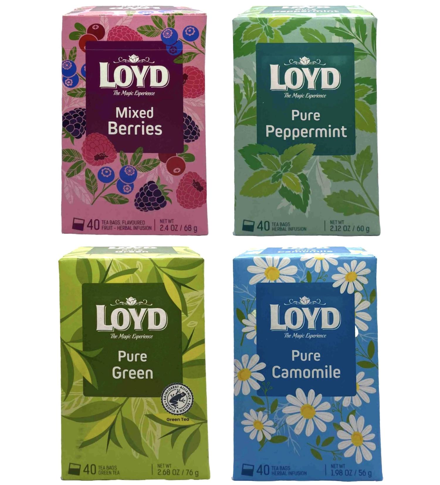 Loyd Tea 40 Teabag X4 Boxes Flavours Mixed Berries Pure Peppermint Pure Green Pure Chamomile 160 Total Herbal Infusion Green Tea Fruit - Buy Online on SooperMarket.com