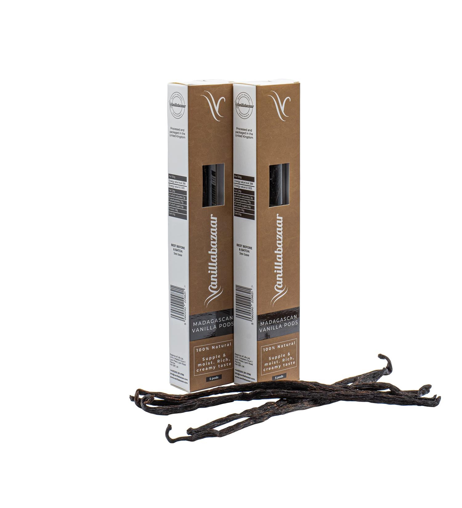 Sustainable Grade A Madagascan Vanilla Beans - 10 Bourbon Gourmet Pods in Resealable Tube for Chefs & Home Baking - 2 x 5 Pod Tubes - Buy Online on SooperMarket.com