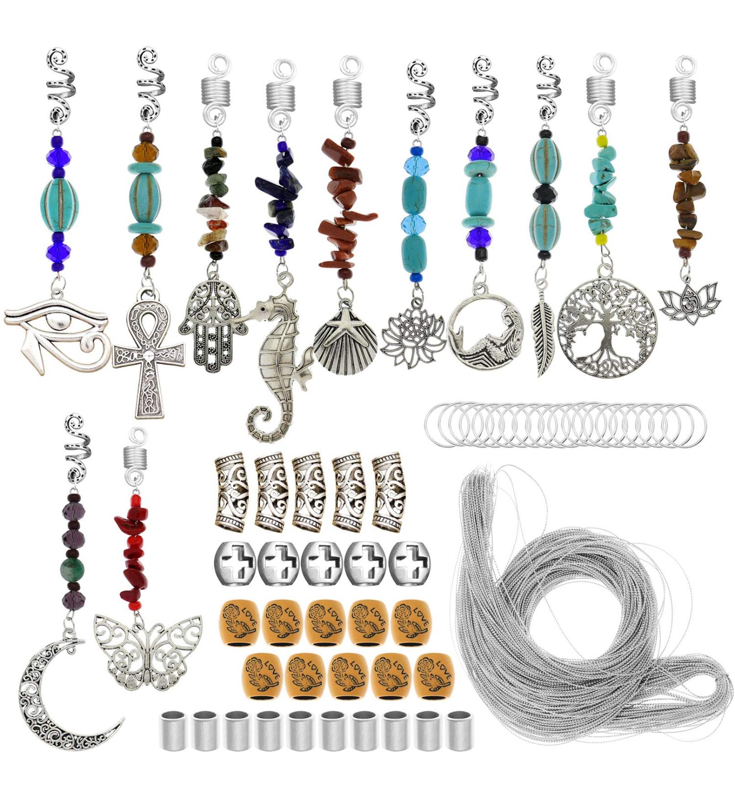 RechicGu 62Pcs Handmade Natural Chakra Crystal Dreadlock Jewelry with Metallic Cord - Turquoise Egyptian Cross Lotus Silver - Buy Online on SooperMarket.com