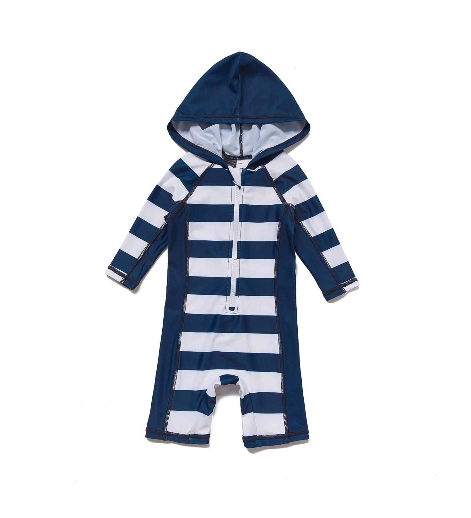 BONVERANO Baby Boys Swimsuit | UPF 50+ Sun Protection | Hooded White Stripe | 3-6 Months - Buy Online on SooperMarket.com