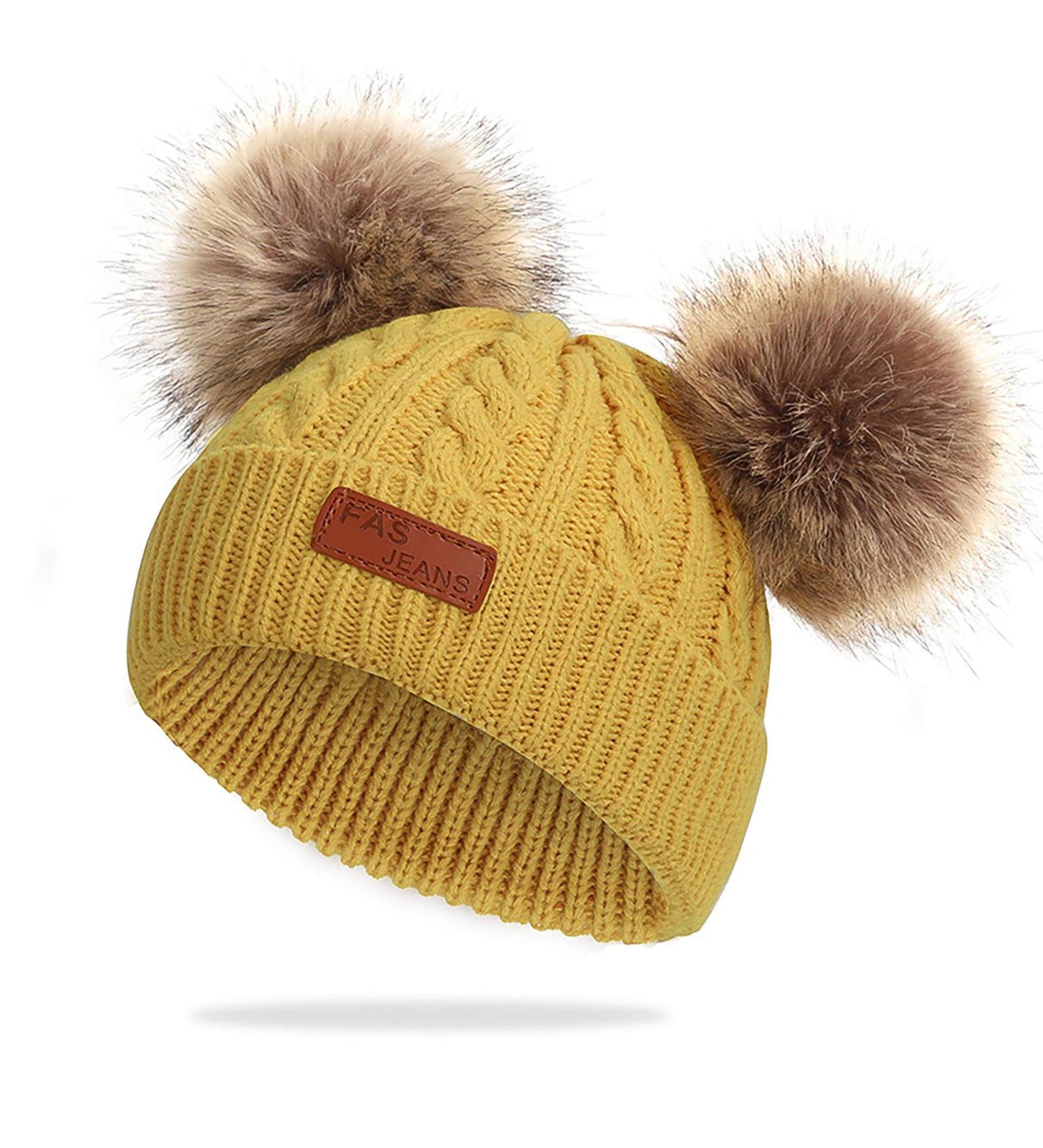 Baby Pom Pom Hat - Infant Toddler Winter Beanie with Crochet Fur Hairball - Unisex Yellow Cap - One Size - Buy Online on SooperMarket.com
