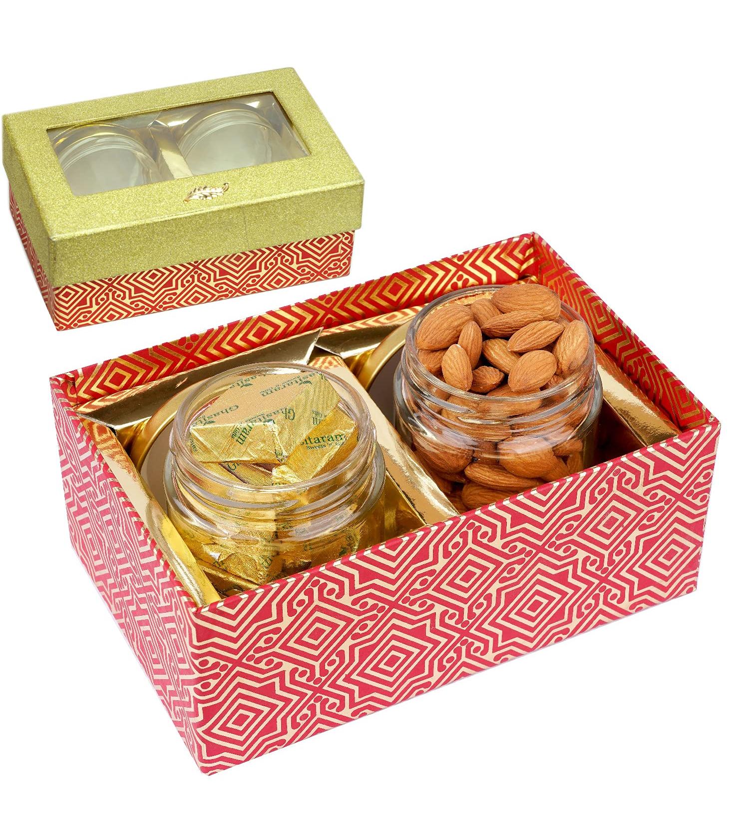 Jaiccha Ghasitaram Dryfruits Hamper- box with 2 Jars of Almonds and Mewa Bites |Gift for Diwali Holi Rakhi Valentine Christmas Birthday Anniversary Her Him| - Buy Online on SooperMarket.com