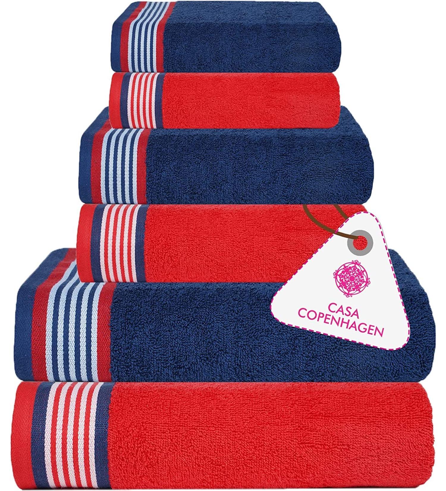 CASA COPENHAGEN 550 GSM 6Pcs Towel Set - Super Soft Egyptian Cotton Towels for Bath, Kitchen & Shower - American Blue & Red - Buy Online on SooperMarket.com