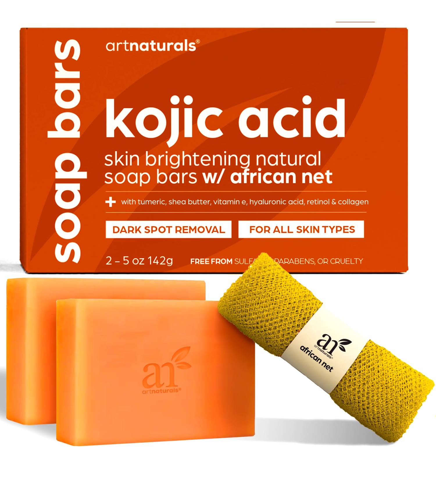 Artnaturals Kojic Acid Soap & African Net Sponge - Dark Spot Remover Scars Treatment (2 Pack x 142g) with Vitamin C Hyaluronic Acid Shea Butter - Citrus Scent - Buy Online on SooperMarket.com