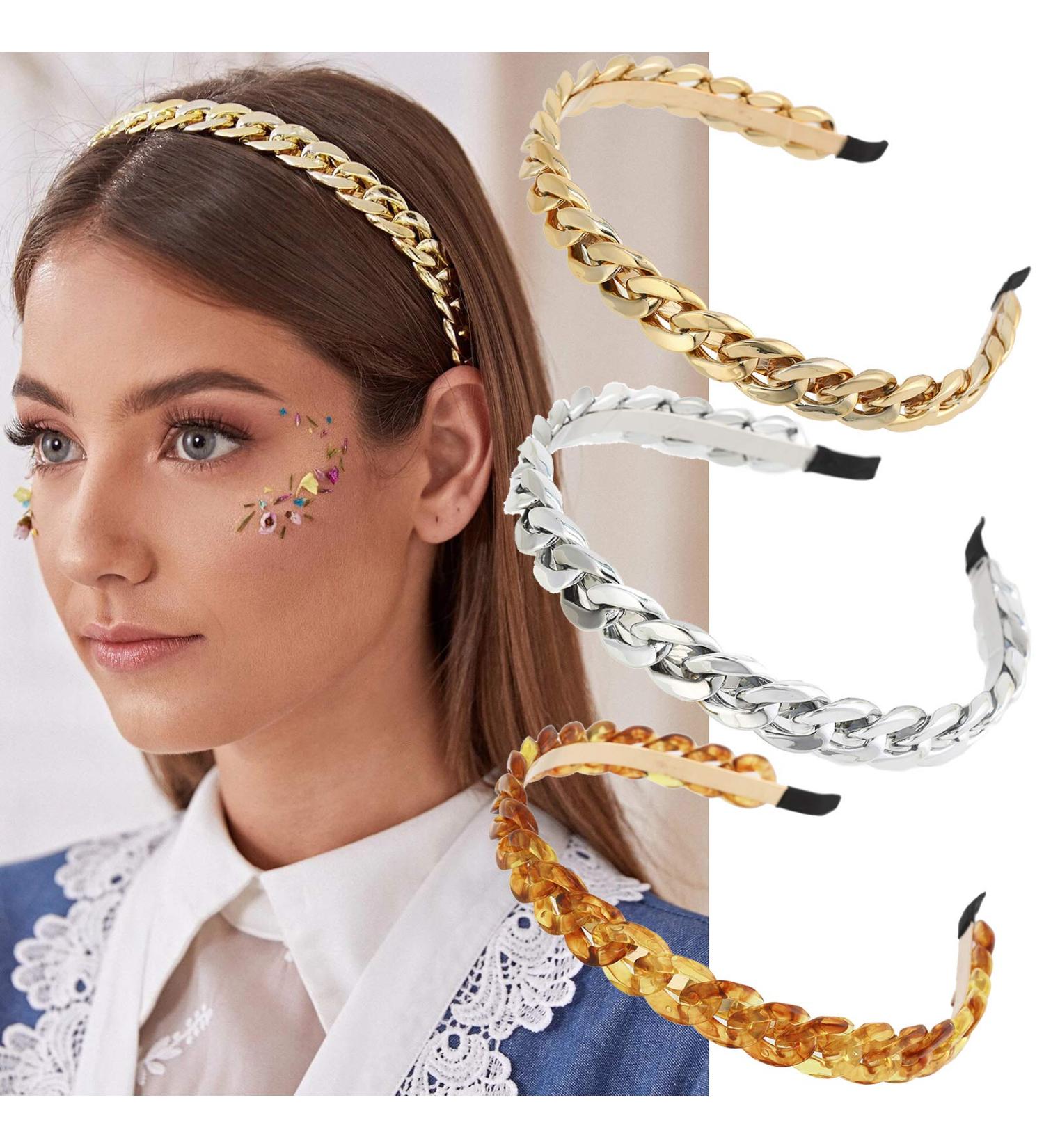 AWAYTR Chain Hairband for Women - Set of 3 Chained Reactions Headbands in Metal Resin (Gold, Silver, Amber) - Buy Online on SooperMarket.com