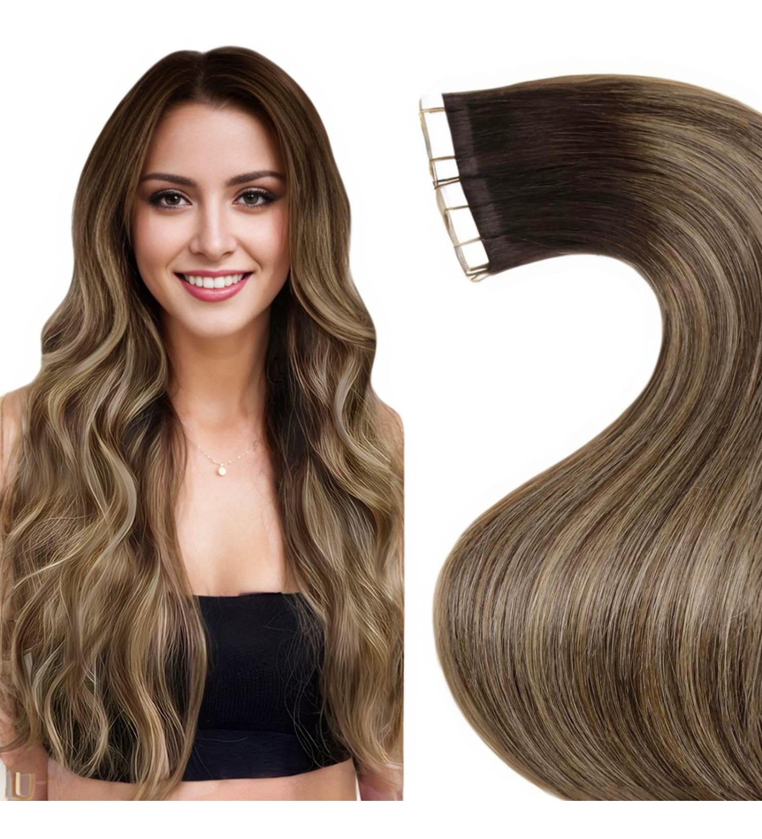 LAAVOO Remy Hair Tape Extensions - Brown Ombre Dark Brown Balayage 45cm | Invisible Skin Weft 50g | 20pcs #4/27/4 - Buy Online on SooperMarket.com