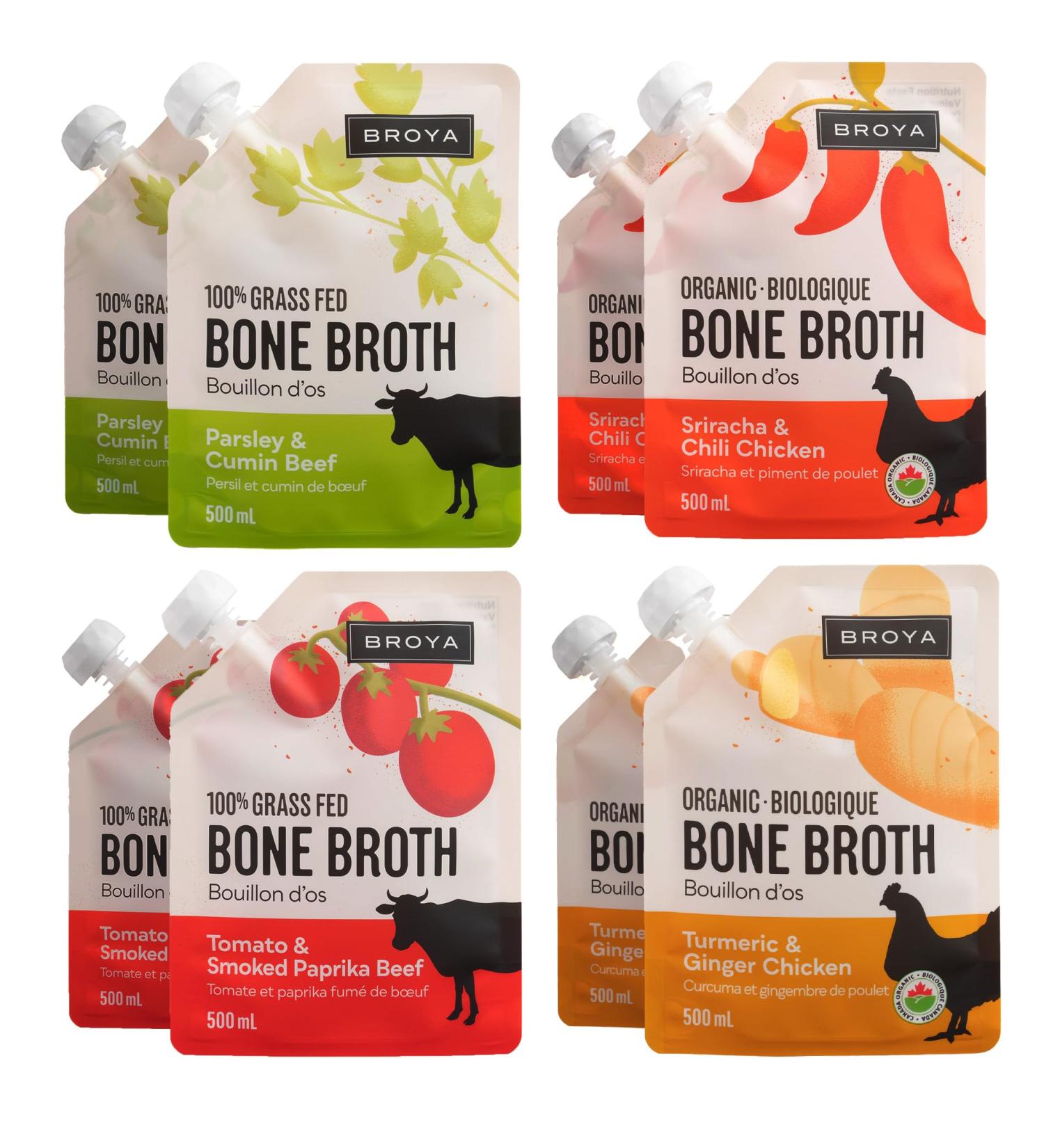 Broya Bone Broth Variety Pack - Grass-Fed Beef Bone Broth & Organic Chicken Bone Broth - Keto and Paleo Friendly Gluten-Free Ready to Sip or Cook - 500 ml (8 Pack) Variety 500 ml (Pack of 8) - Buy Online on SooperMarket.com