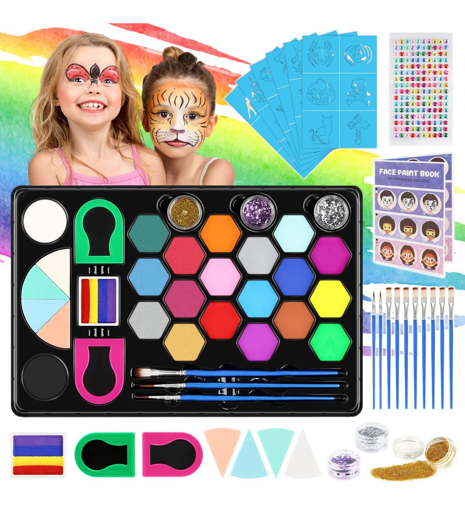 40-Piece Kids Face Paint Kit | 20 Colors with Stickers, Brushes, Sponges & Split Cake | Professional Face Painting Set - Buy Online on SooperMarket.com
