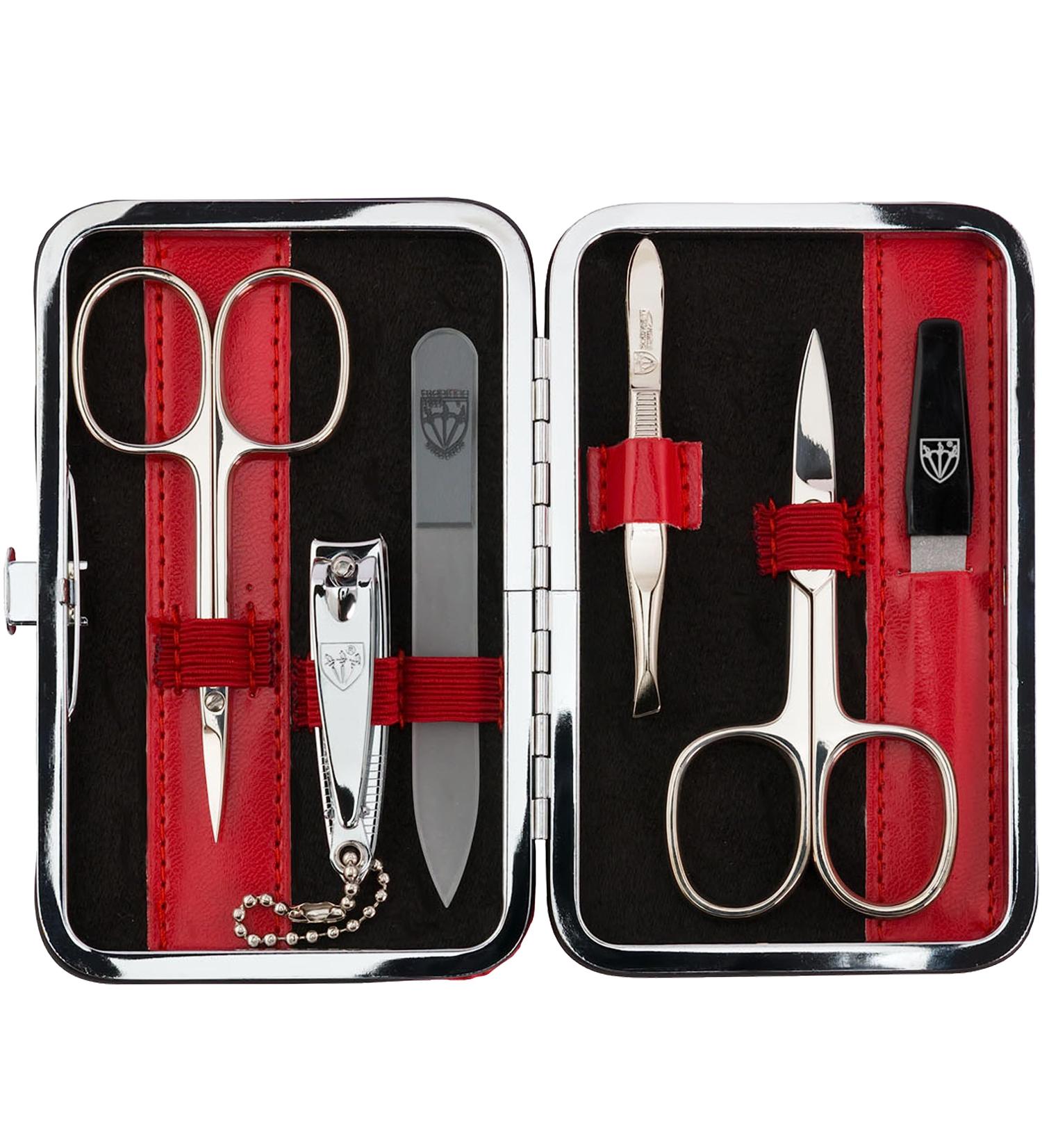 Buy Three Swords 6 pcs. Manicure Set 'Genova' - Nail Care Set in Red Synthetic Leather Case - Includes Scissors Clippers Tweezers & Glass Nail Files - International Shipping Available - Buy Online on SooperMarket.com
