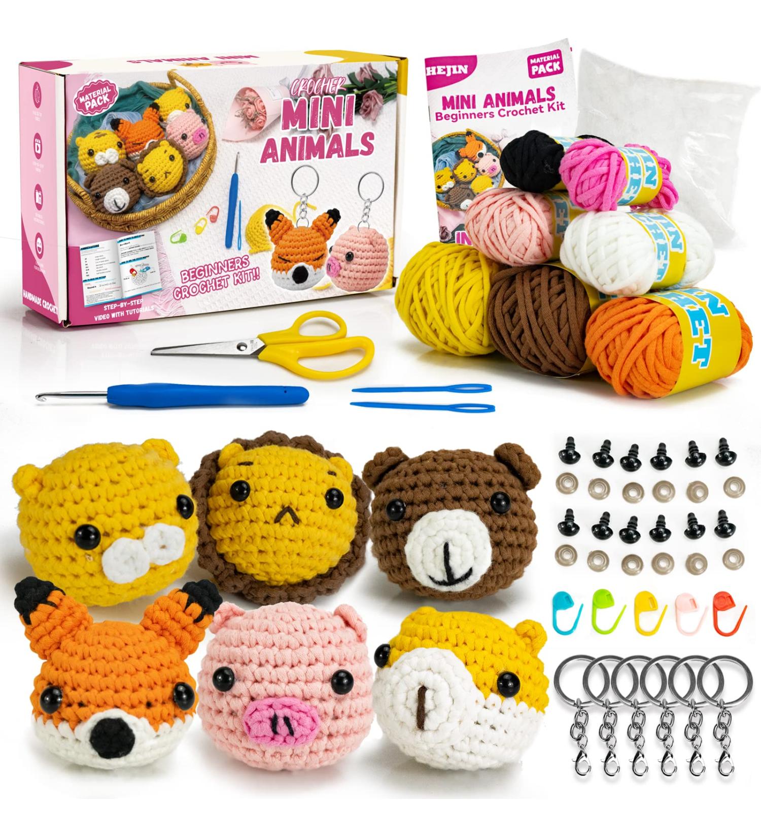 HEJIN Crochet Kit for Beginners - 6 PCS Animal Kit with Video Tutorials, Yarn, Eyes, Stuffing, Hook - Perfect Gift for Kids & Adults - Buy Online on SooperMarket.com