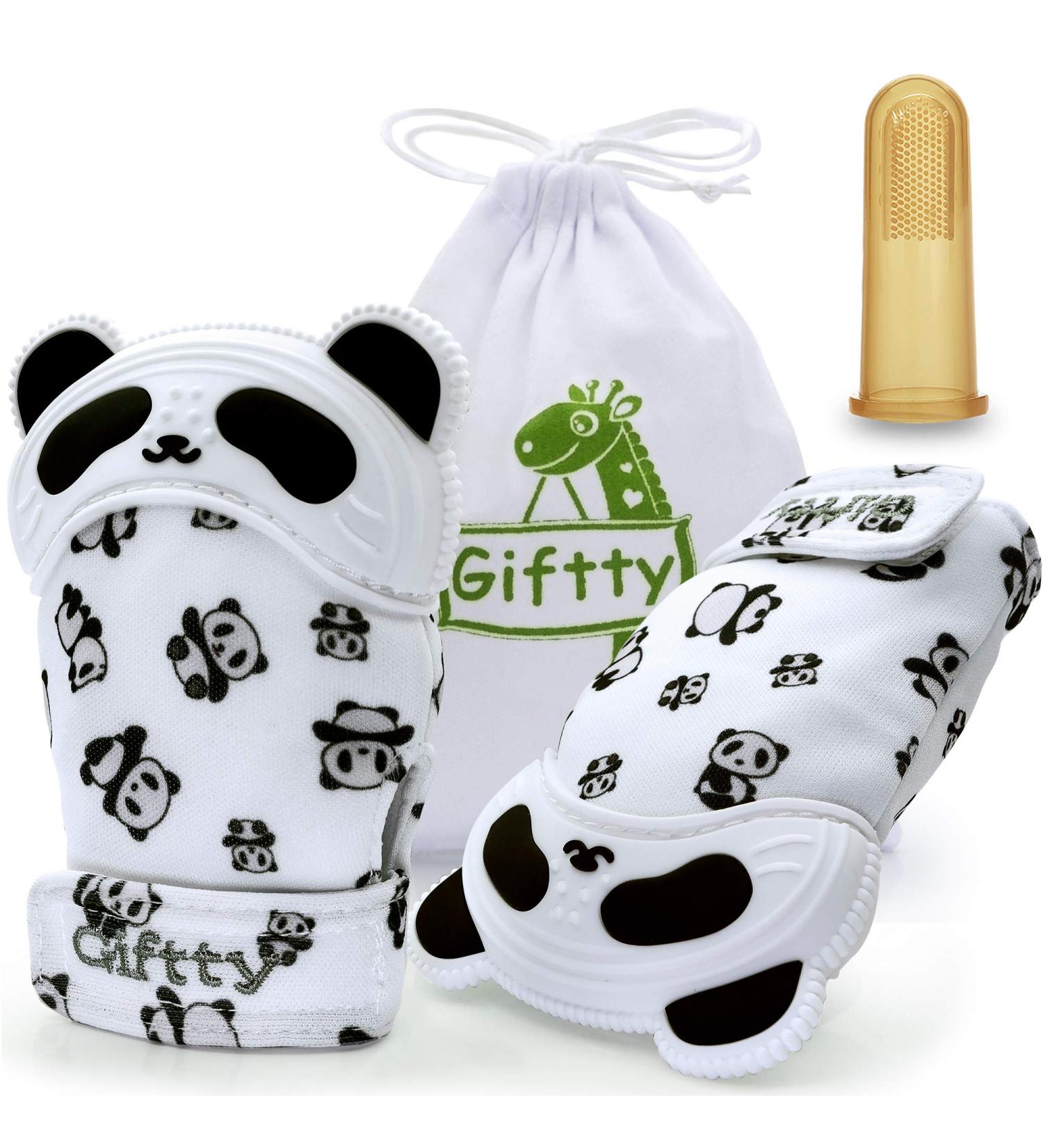 BPA-Free Panda Teething Mitten Set for Baby Boys and Girls - 1 Pair of Chewing Gloves + Bonus Toothbrush - Buy Online on SooperMarket.com
