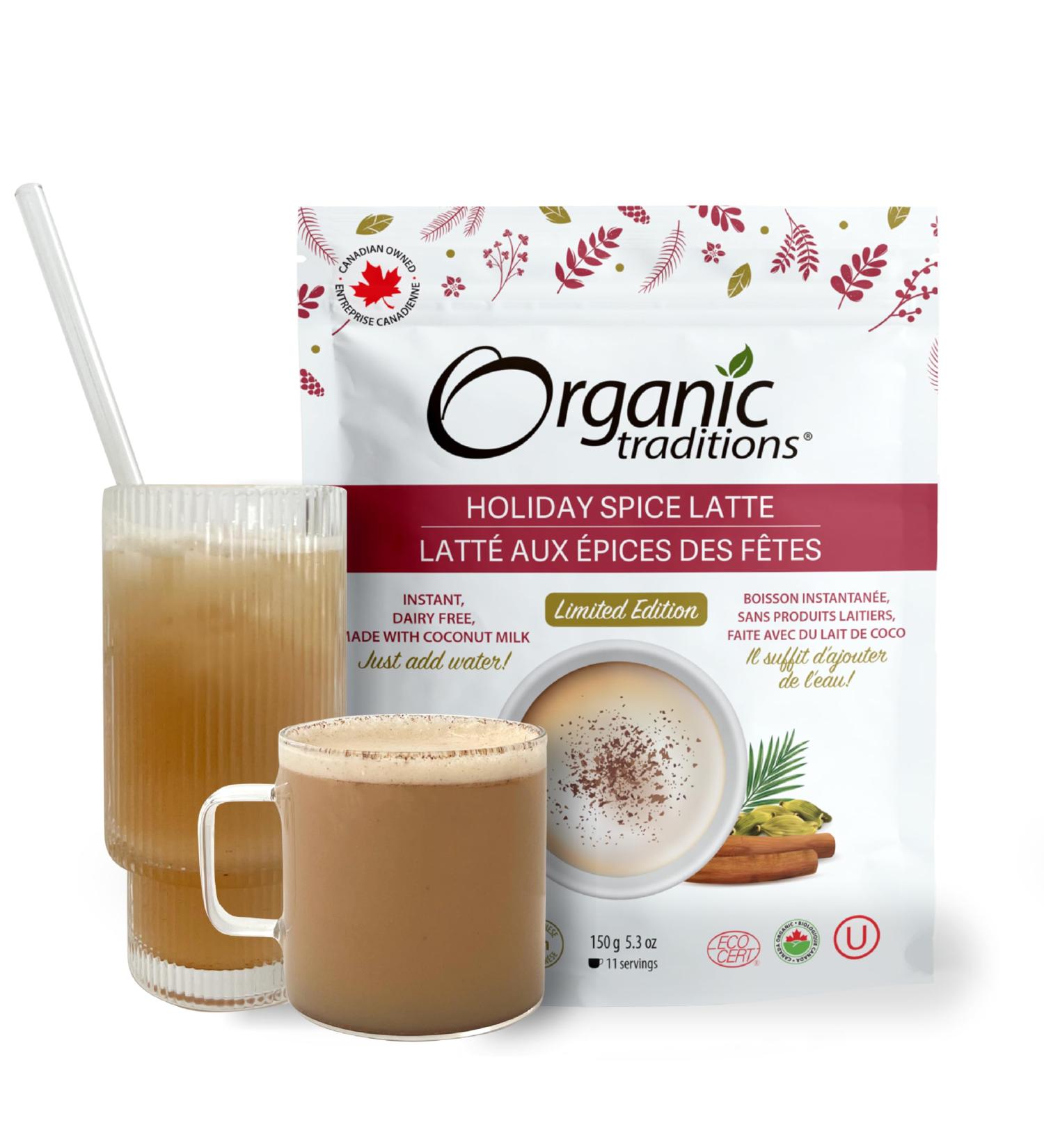 Organic Traditions Holiday Spice Instant Latte Limited Edition Seasonal Flavour Superfood Caffeine Free Dairy Free Drink Mix for Hot and Iced Latte Drink 150g/5.3oz Bag - Buy Online on SooperMarket.com