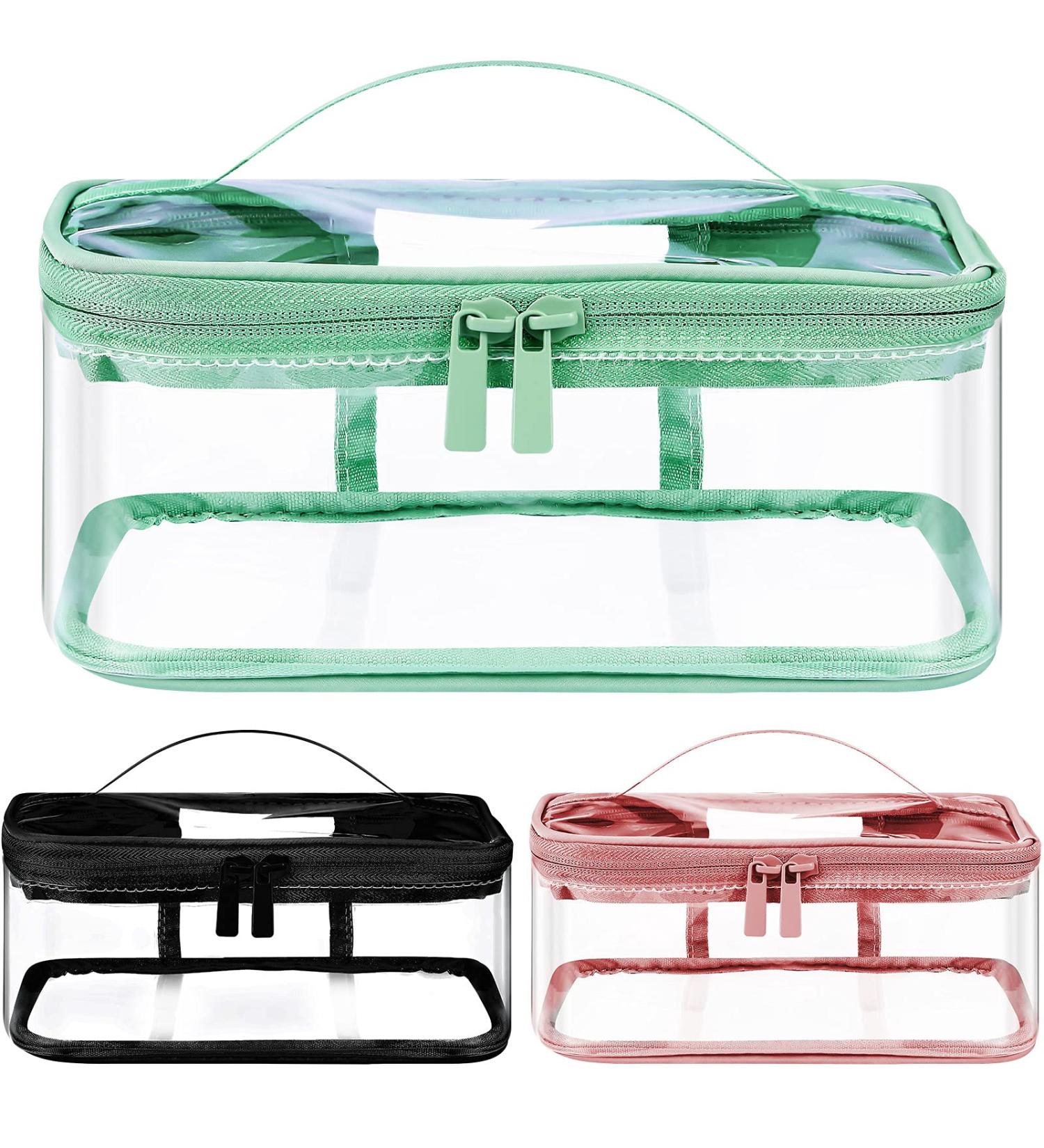 3-Piece Clear Makeup Bags Cosmetic Toiletry Travel Set for Women - Waterproof PVC Storage Pouch Organizers with Handle in Pink, Green, Black - Buy Online on SooperMarket.com