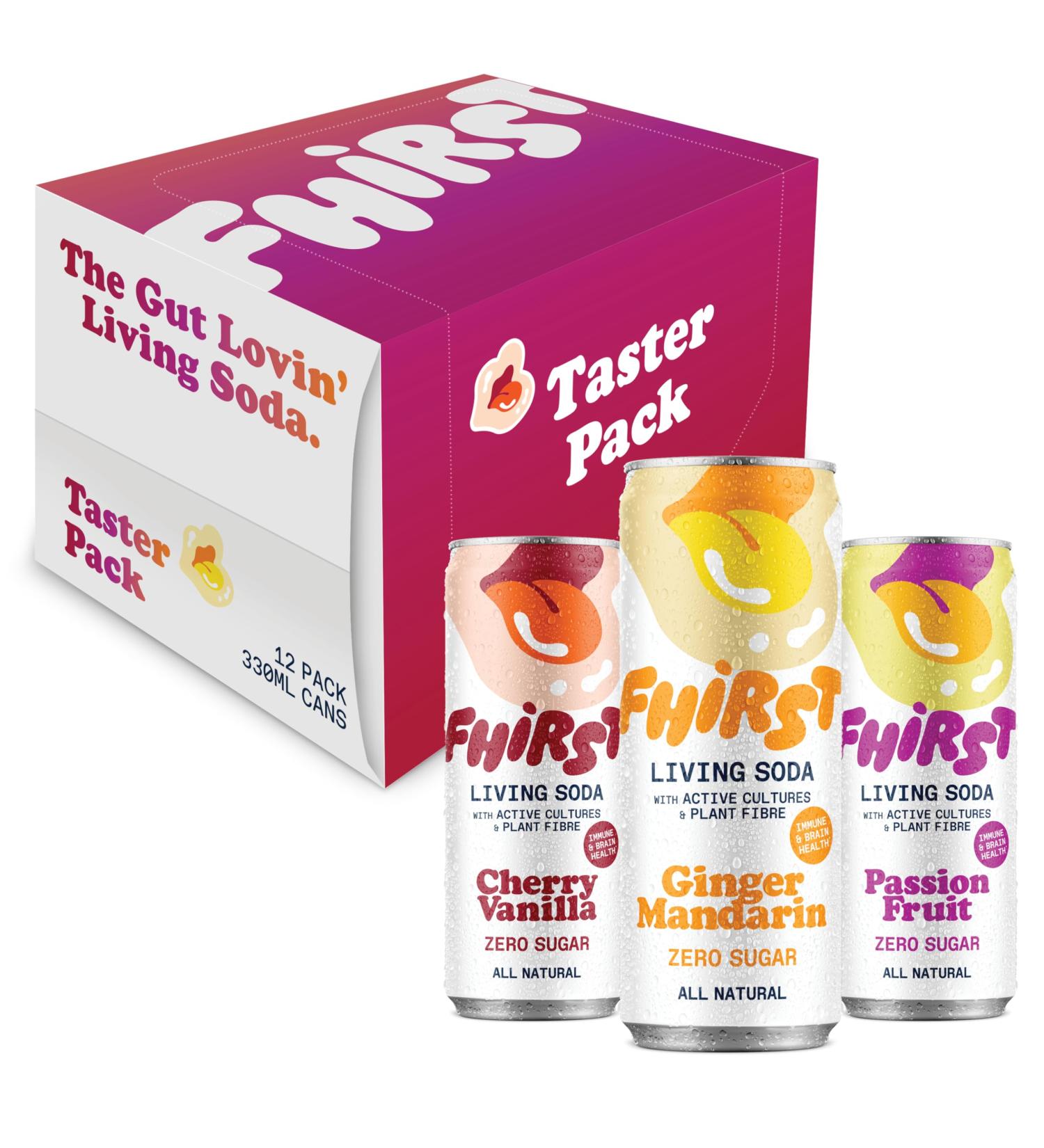 FHIRST Living Soda Taster Pack | Probiotic/Prebiotic Soda for Gut Health| Ginger Mandarin Cherry Vanilla & Passion Fruit Flavours | Zero Sugar or Sweetener | Mix pack - 12 x 330ml - Buy Online on SooperMarket.com