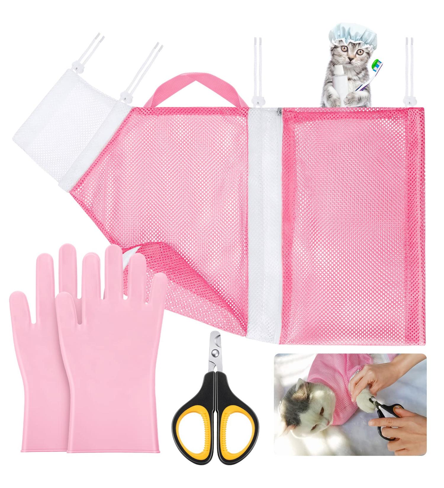 4-Piece Cat Grooming Bath Bag Set with Gloves and Nail Clippers - Perfect for Cats & Dogs Bathing and Nail Trimming - Buy Online on SooperMarket.com