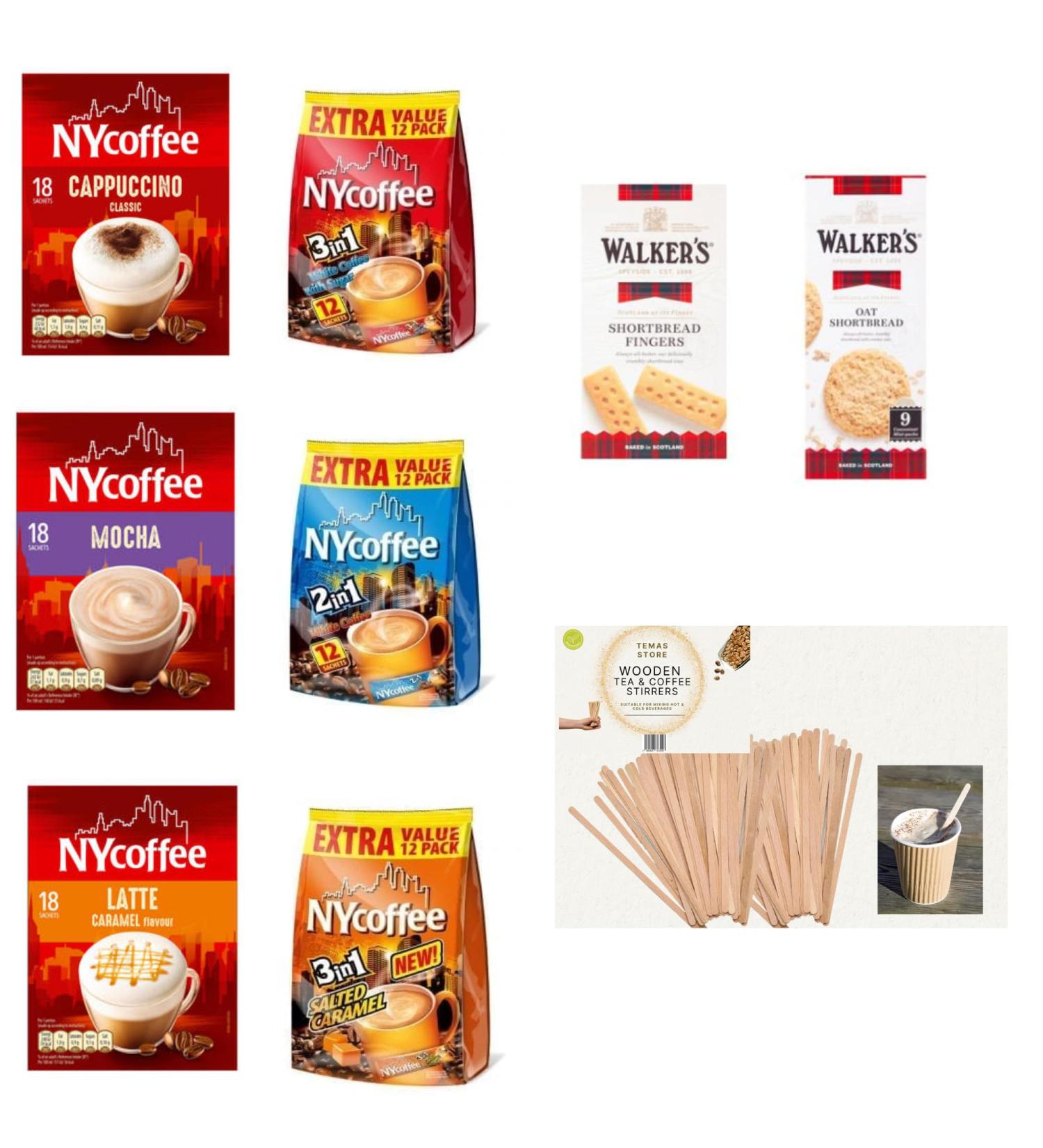 NYCoffee 90 Coffee Sachets 6 Variety Flavours- Bundled with Temas Store Coffee Stirrers| Individually Wrapped |Coffee Gifts For Coffee Lovers (Mocha Cappuccino Latte Caramel 3 in 1 2 in 1) - Buy Online on SooperMarket.com