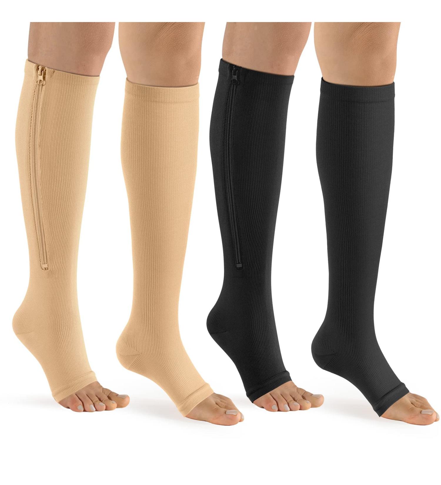Bropite Zipper Compression Socks- 2 Pairs Calf Knee 15-20 mmHg Open Toe for Running Nurses Pregnancy - Black/Nude S-M - Buy Online on SooperMarket.com