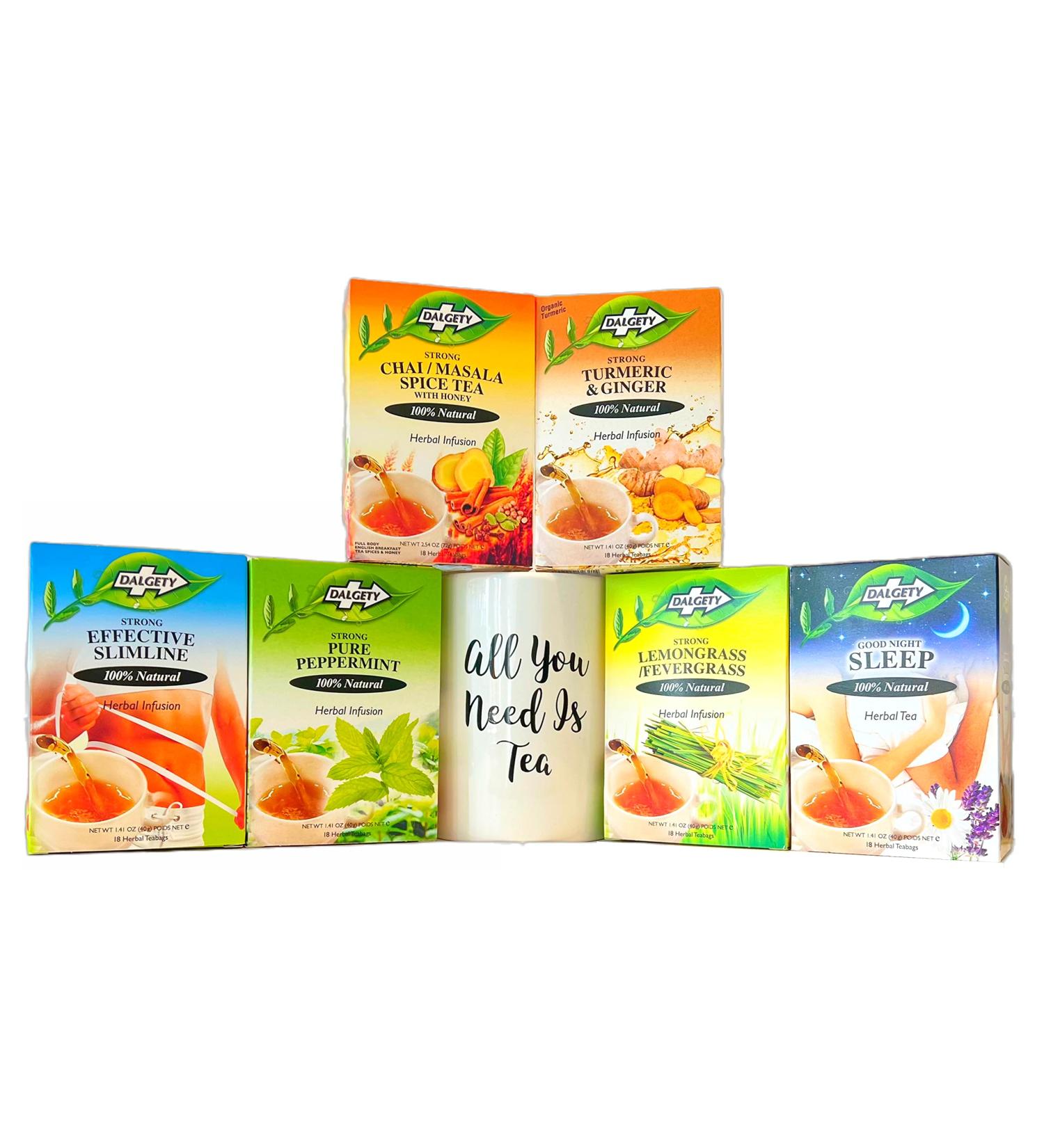 Dalgety Essential Wellness Herbal Infusion Tea Collection - 6 Flavours, 100% Natural & Caffeine Free (108 Teabags) - Slimline Peppermint, Lemongrass, Turmeric & Ginger, Chai Masala, Good Night Sleep - Buy Online on SooperMarket.com