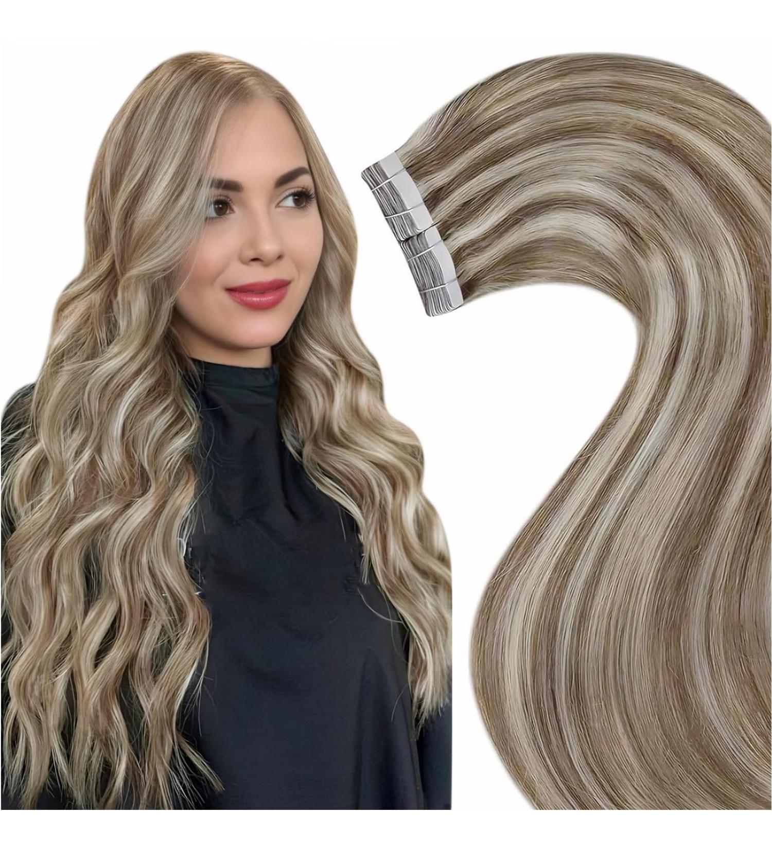 Laavoo Real Hair Tape Extensions - 50cm Brown Highlight Remy Hair - 20PCs #P8/24 for Stunning Volume & Length - Buy Online on SooperMarket.com