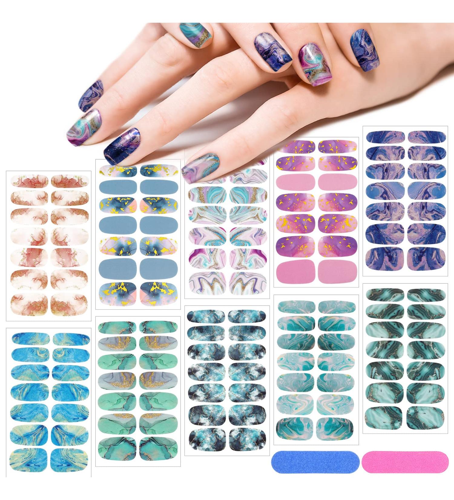 140 Pcs Marble Style Nail Polish Strips with Gradient & Glitter - Self Adhesive DIY Nail Art Decals for Holiday Decor | Includes 2 Nail Files - Buy Online on SooperMarket.com