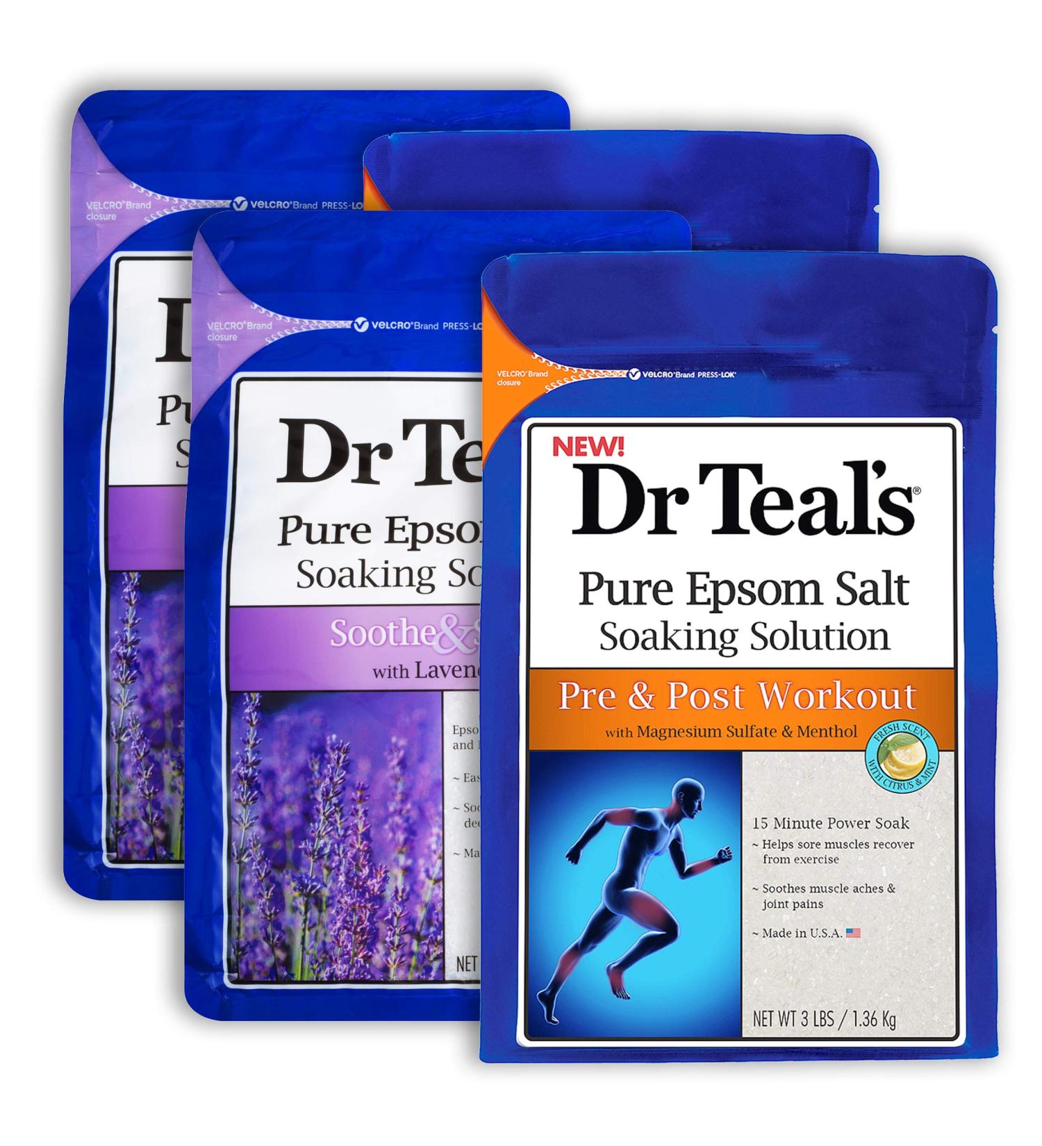 Dr Teal's Epsom Salt Bath Combo 4-Pack - 12 lbs Total | Pre & Post Workout with Magnesium Sulfate, Menthol, Lavender for Soothe & Sleep - Buy Online on SooperMarket.com