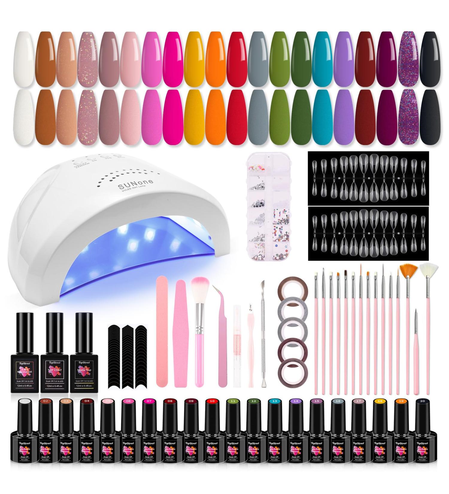 Topdirect Geln gel Starter Set | 20 Colors Shellac Set with 48W UV Lamp | 5-in-1 Adhesive Gel Polish for DIY Nail Design - Buy Online on SooperMarket.com
