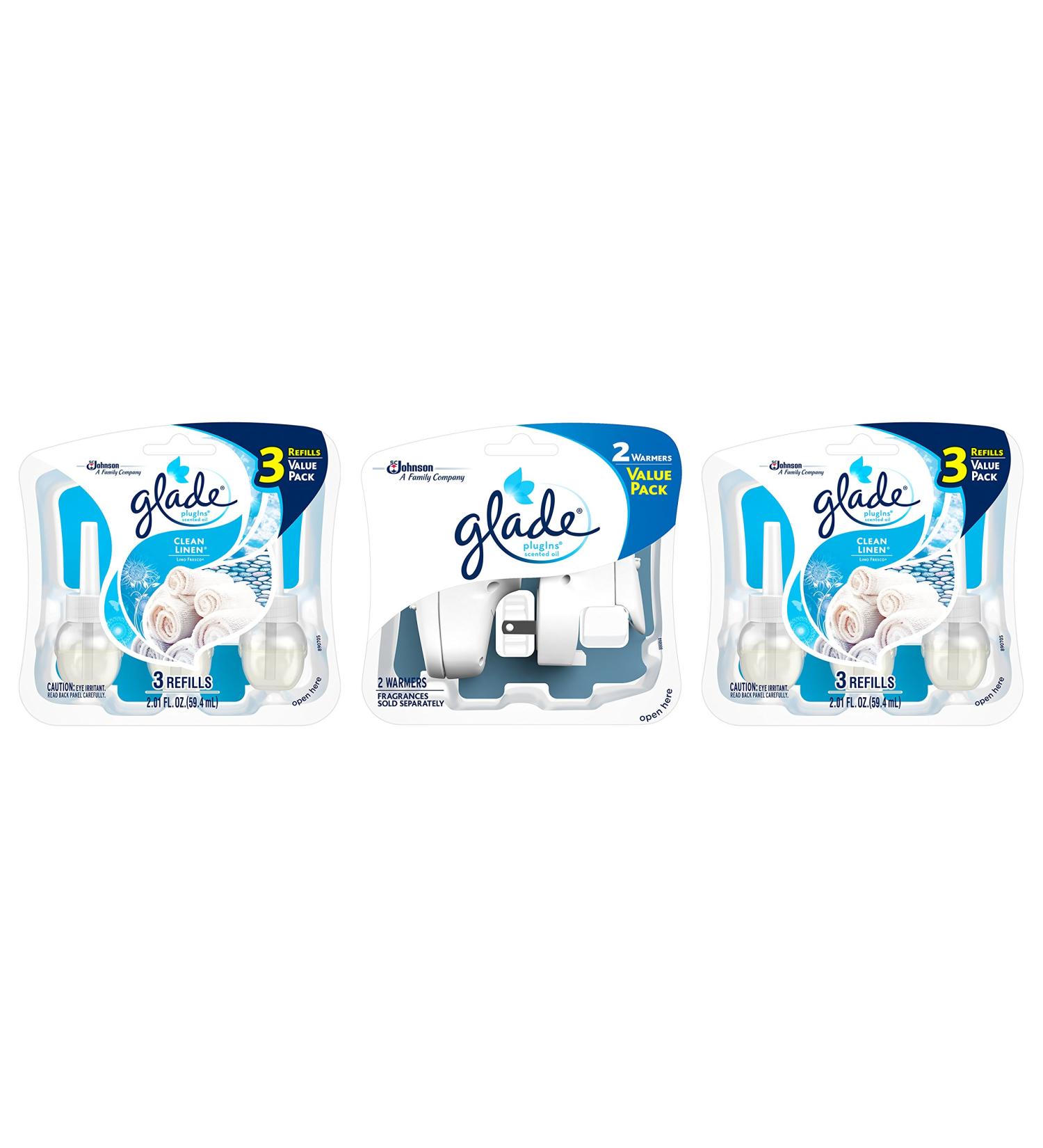 Glade PlugIns Refills Air Freshener Starter Kit - Clean Linen Scent 6 Refills & 2 Warmers - Essential Oils for Home & Bathroom - Buy Online on SooperMarket.com