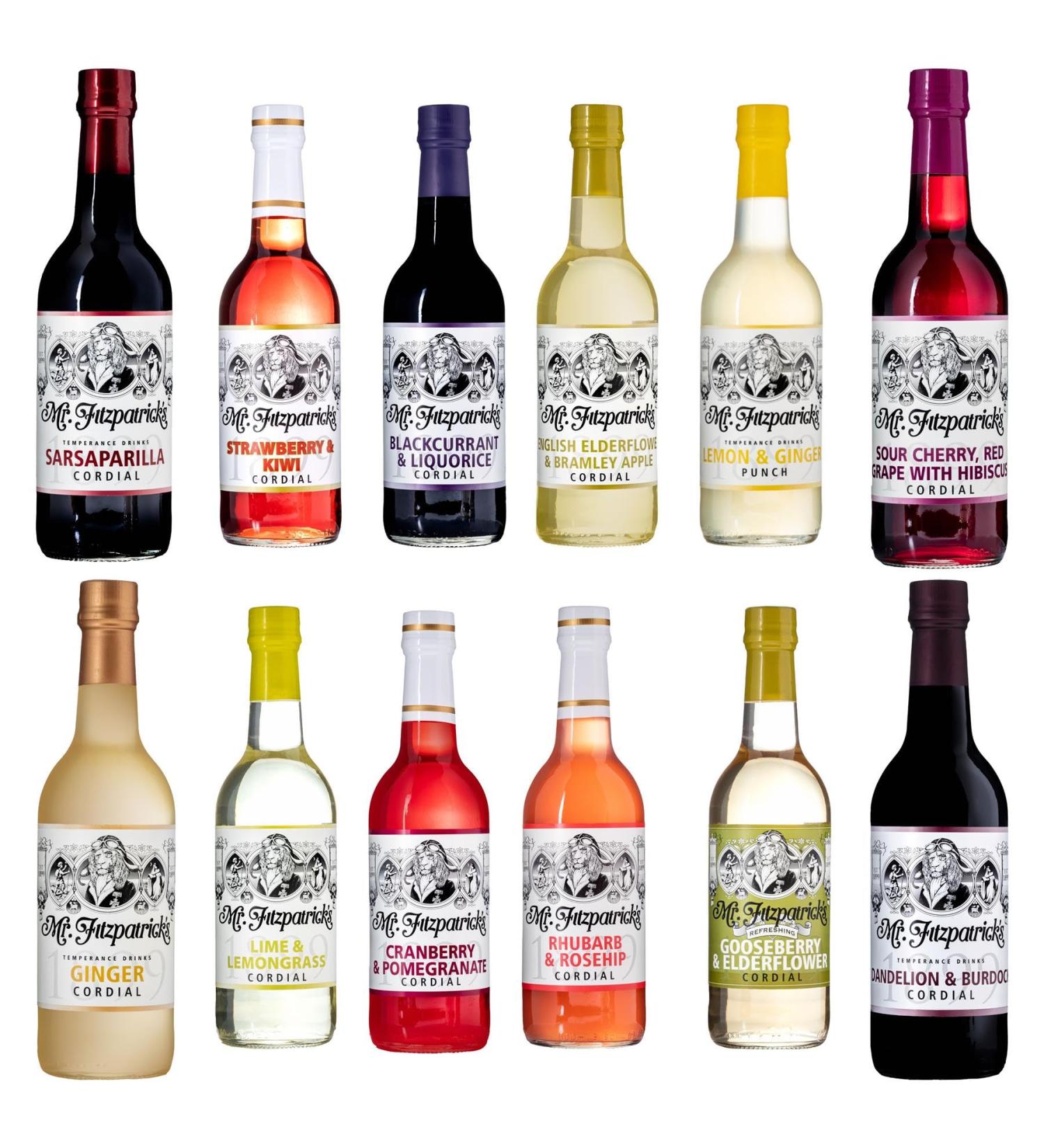 Mr Fitzpatricks Cordial Pick N Mix - Choose From Bottle with 12 Flavours - Sarsaparilla Strawberry & Kiwi Sour Cherry Grape & Hibiscus Blackcurrant & Liquorice and Many more - Pack of 2 x 500ml 500 ml (Pack of 2) - Buy Online on SooperMarket.com
