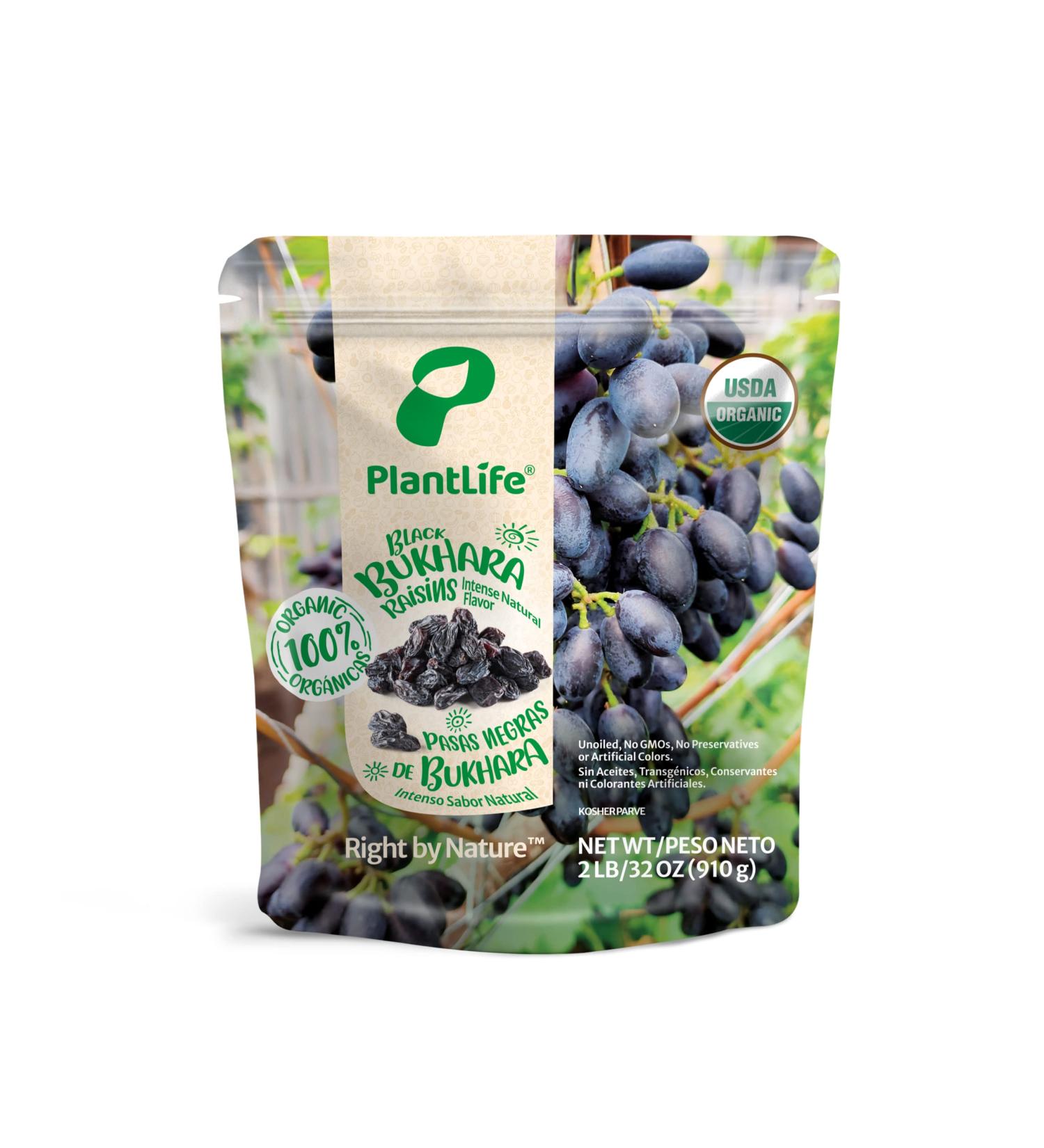 PlantLife Organic Black Bukhara Raisins 2lbs - Shade-Dried, Raw, Non-GMO, USDA Certified Organic, Unsulfured & Vegan - Buy Online on SooperMarket.com