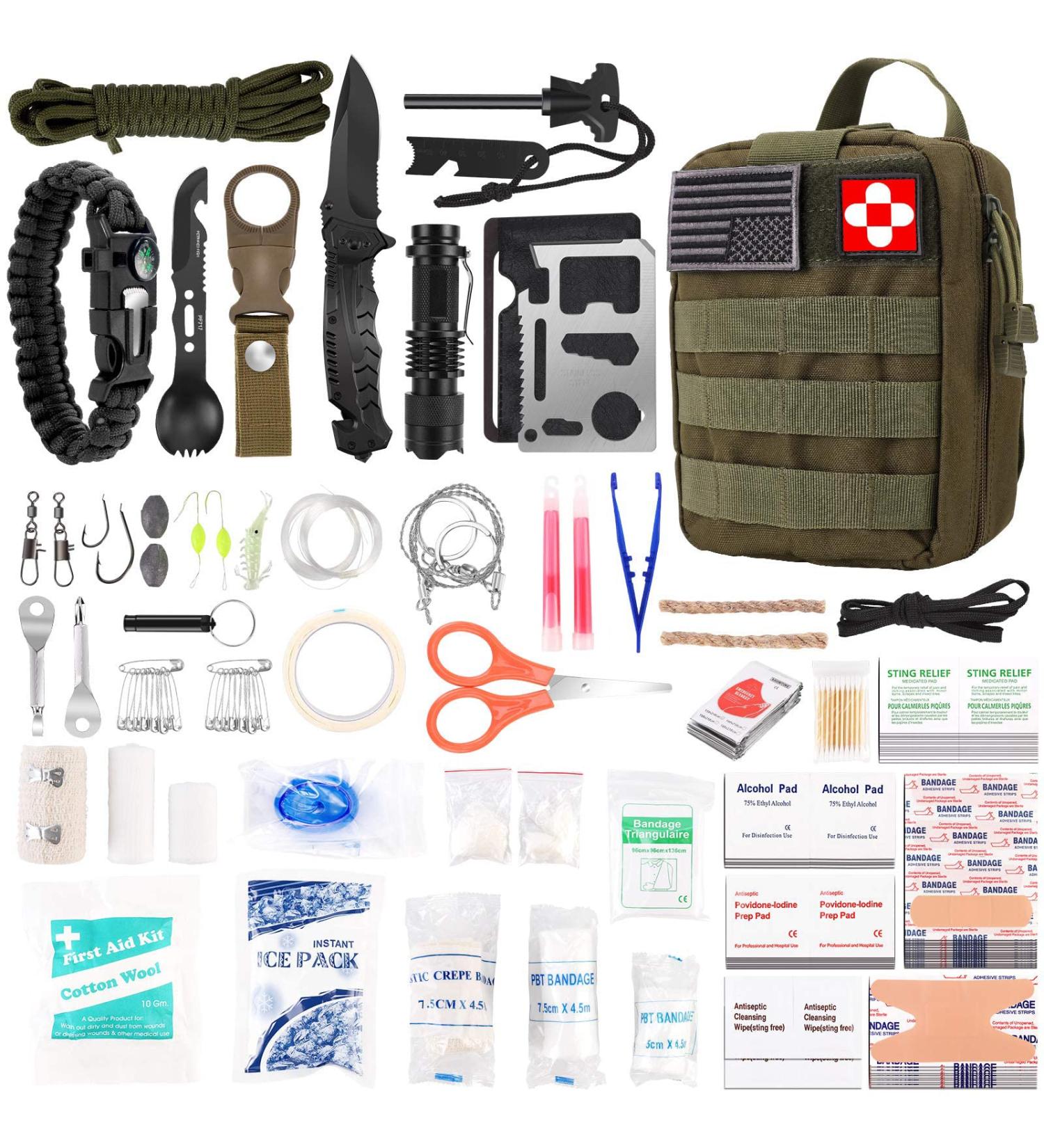 216 Pcs Survival First Aid Kit - Professional Gear for Emergency Hiking, Hunting, Camping - Green - Buy Online on SooperMarket.com