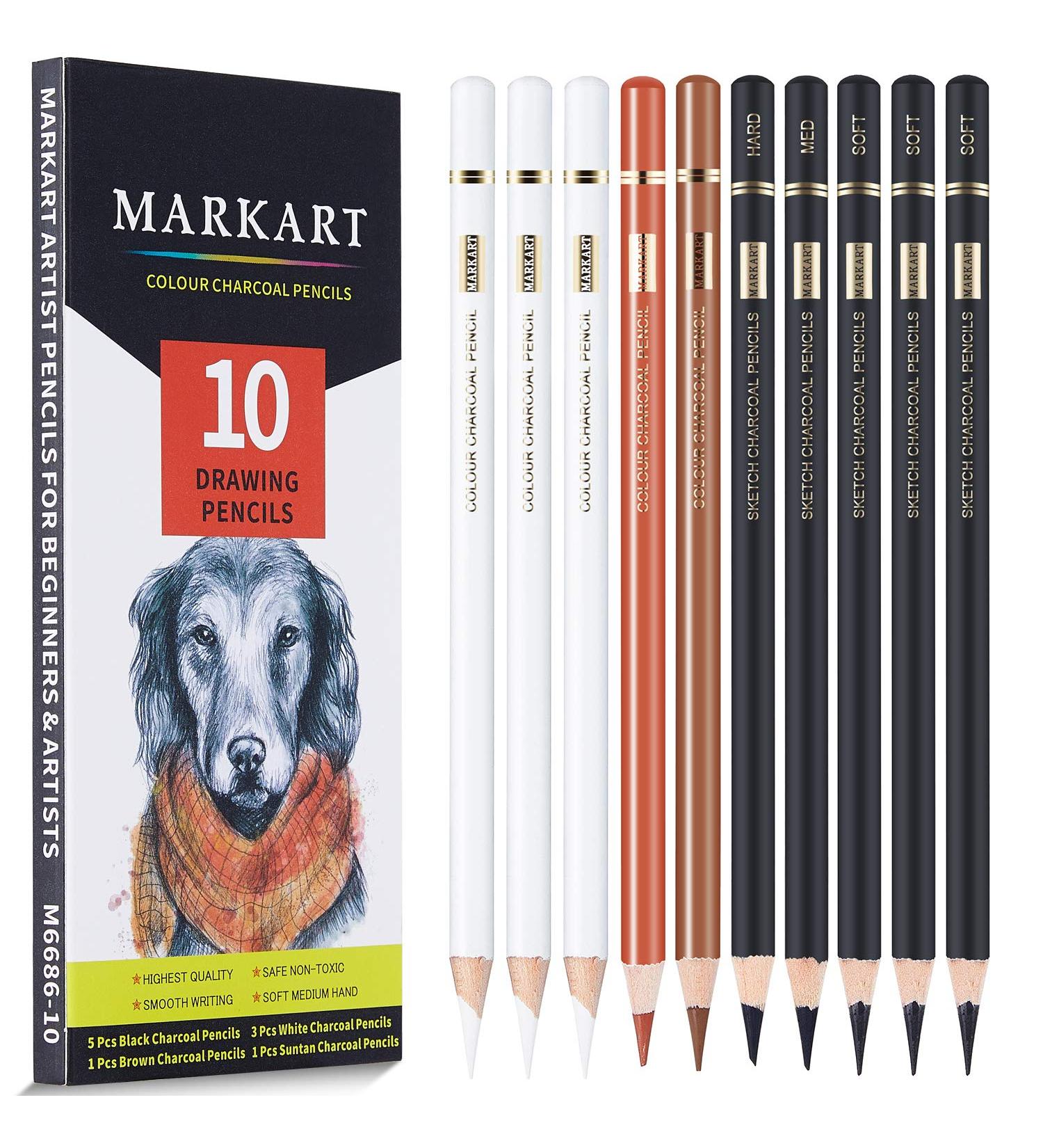 MARKART Professional Charcoal Drawing Set - 10 Piece Color Pencils for Sketching, Shading, and Blending - Ideal for Beginners and Artists - Buy Online on SooperMarket.com