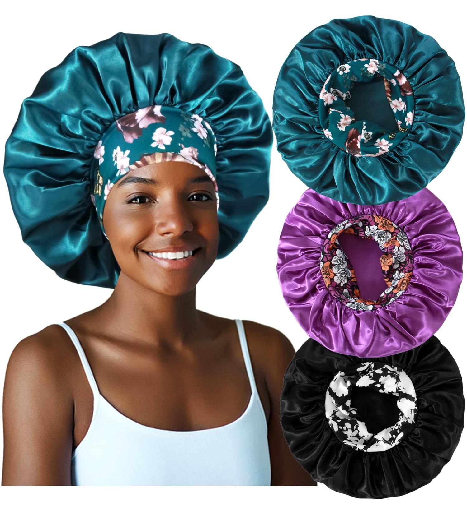 3PCS Satin Bonnets for Black Women - XL Hair Bonnets for Sleeping Braids & Curly Hair - C-Black, Teal, Purple - Buy Online on SooperMarket.com