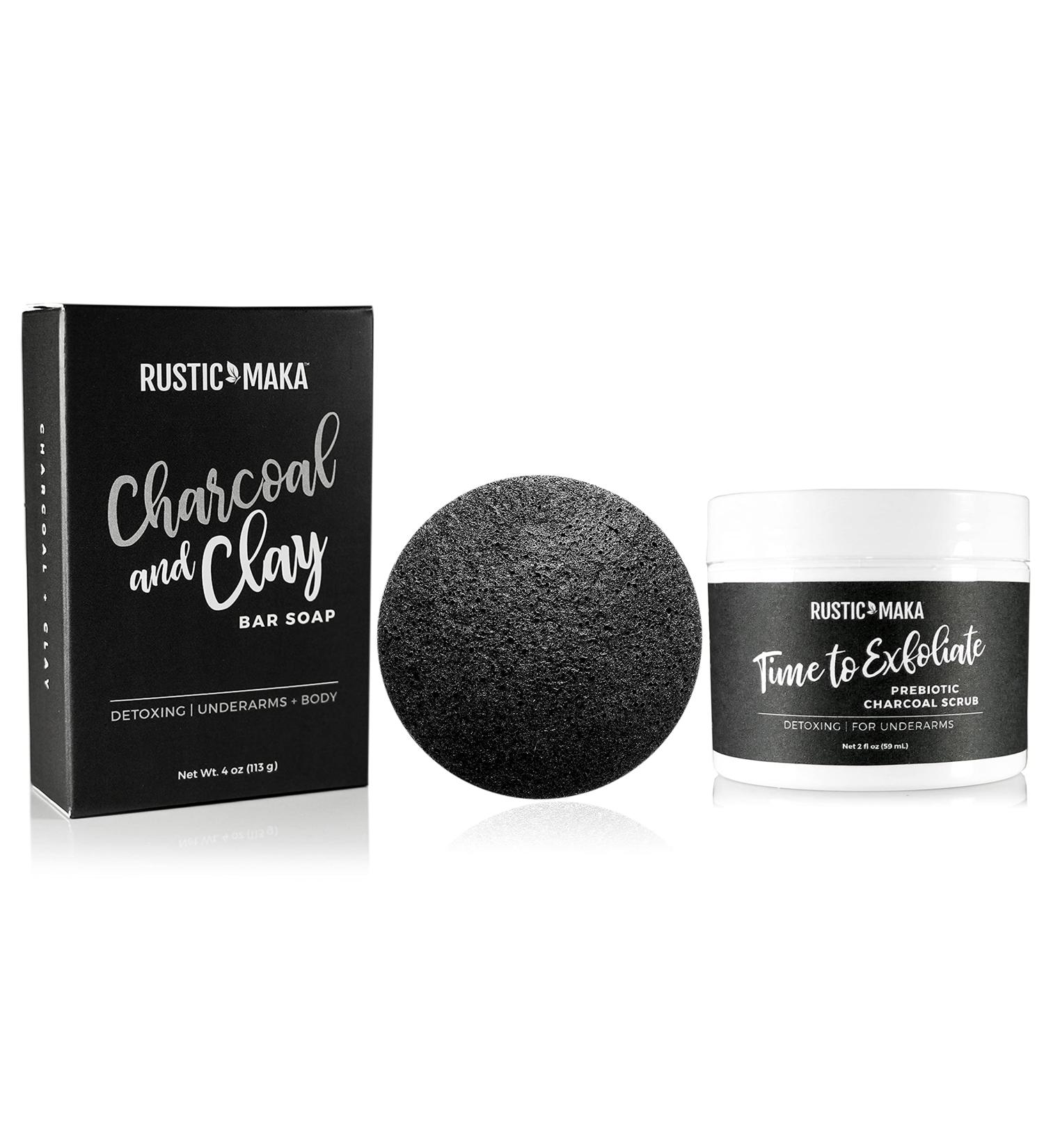 Shop Rustic MAKA CLEANSE + DETOX: Charcoal & Clay Daily Underarm Care System - Exfoliating Bar Soap & Prebiotic Scrub for Freshness - Buy Online on SooperMarket.com