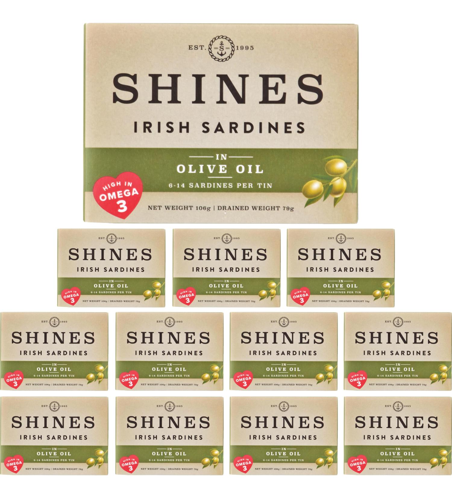 Shines Tinned Irish Sardines in Olive Oil - Pilchards - 12 x 106g Cans - Buy Online on SooperMarket.com