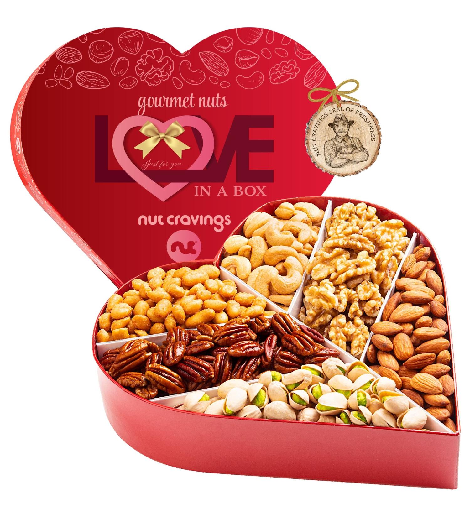Love in a Box Gourmet Nuts Gift Basket - Heart Shaped Arrangement (2 LB) | Healthy Food Bouquet Platter for Birthday, Kosher Snack Tray for Adults - 6 Assortments | Ultimate Care Package for Men and Women - Buy Online on SooperMarket.com