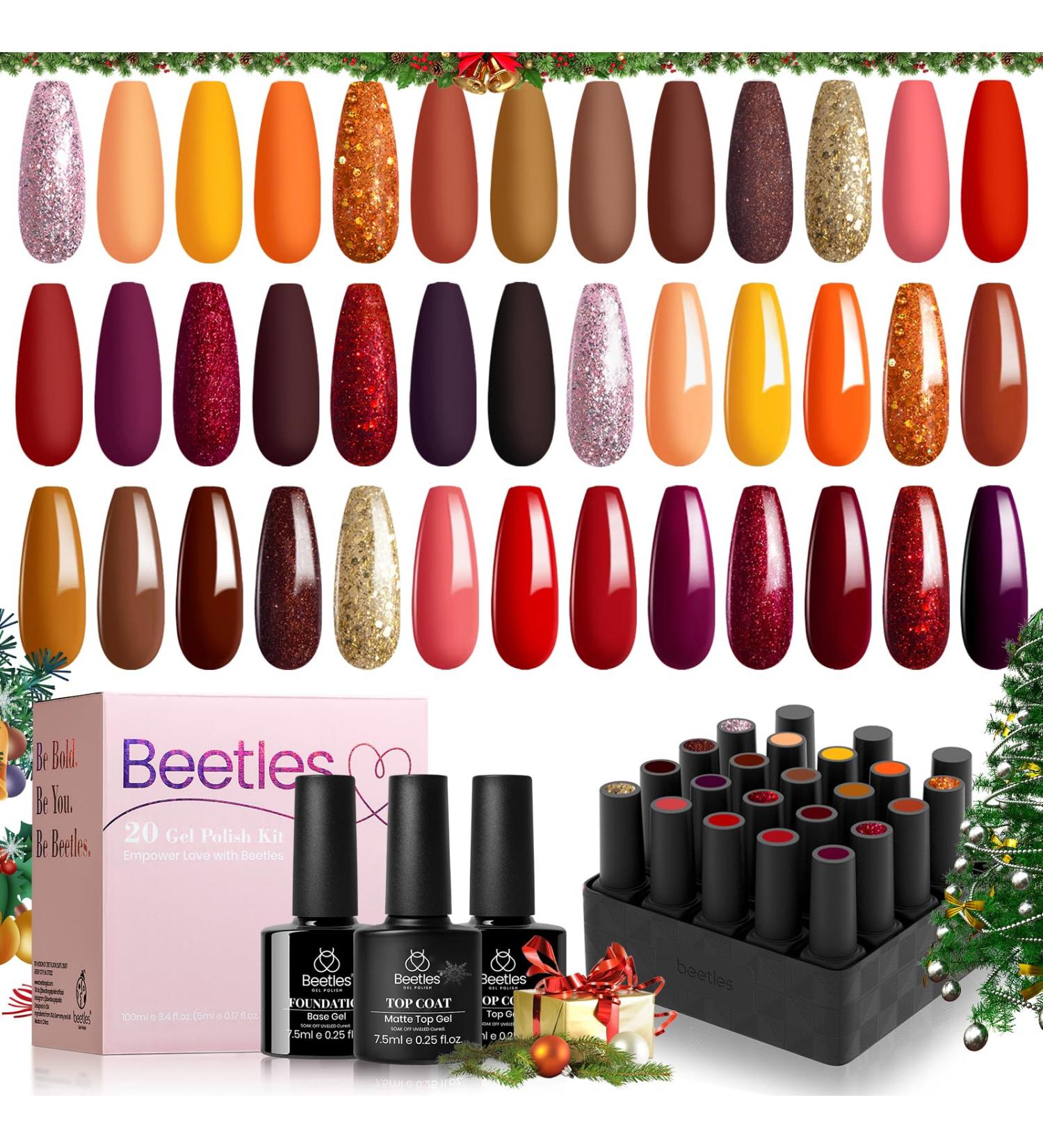 Beetles 20 Pcs Gel Nail Polishes Set with Glossy Matte Top/Base Coat - Maroon Gold Yellow Red Glitter Soak Off Varnish for Manicure and DIY Nail Art - Fall Harvest Collection - Buy Online on SooperMarket.com