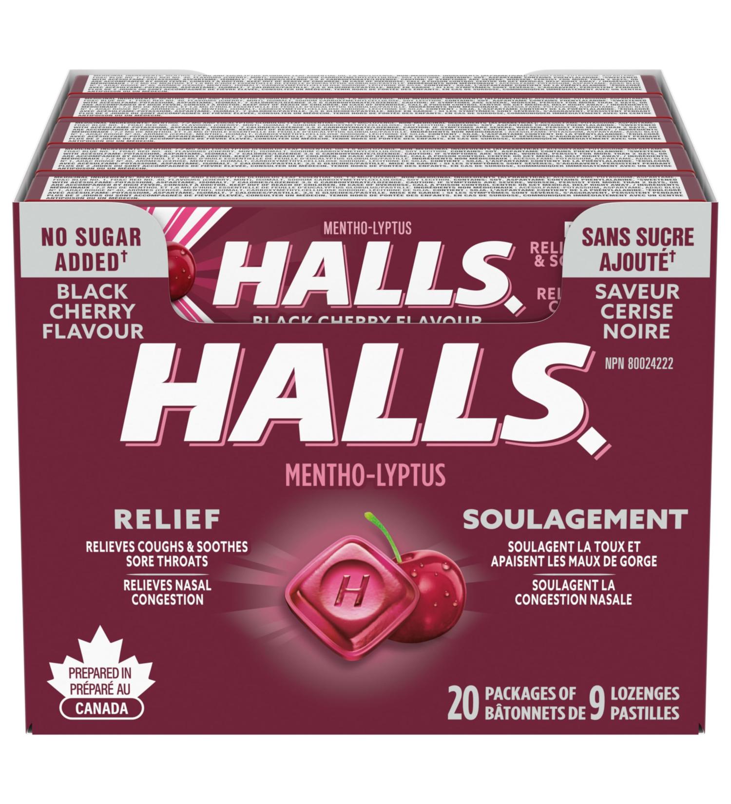 HALLS No Sugar Added Black Cherry Cough Drops Throat Lozenges Sore Throat Relief Mentho-Lyptus 9 Lozenges Cough Drops Black Cherry Singles (Full Tray) - Buy Online on SooperMarket.com