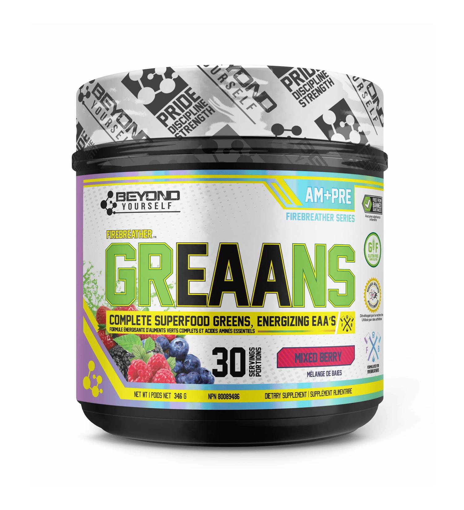 Beyond Yourself - GrEAAns Superfood Greens and EAA Blend | 4000mg Organic Superfood 2625mg Vegan EAAs | Sugar-Free Zero Calories No Synthetic Additives | Optimizes Health Performance and Recovery | Mixed Berry - Buy Online on SooperMarket.com