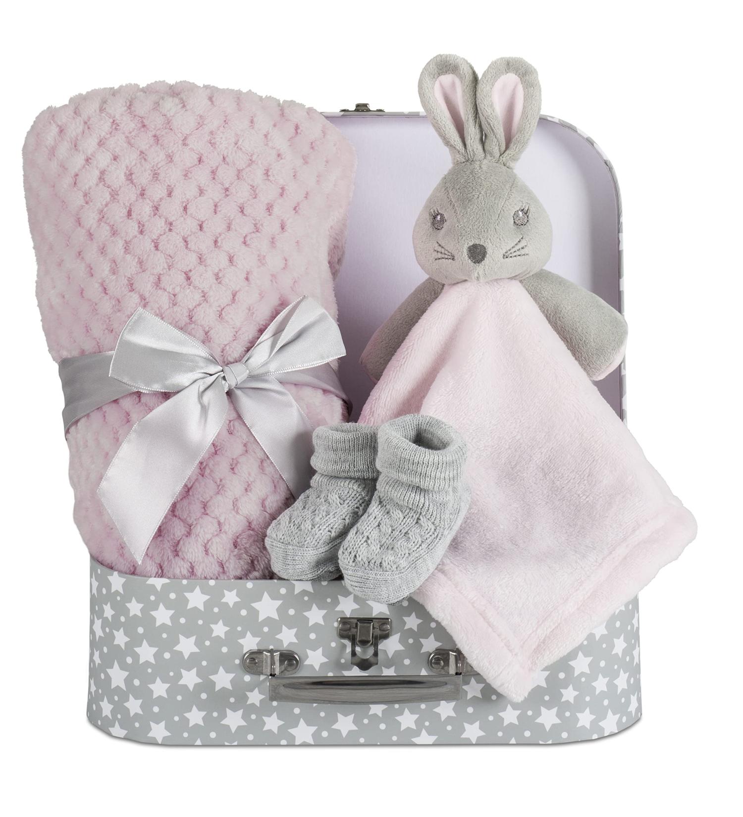 Baby Girl Gift Set - Pink Bunny Security Blanket & Booties in Keepsake Suitcase - Perfect Newborn Gift Basket for Baby Shower - Soft Fleece Blanket - Unique Baby Present - Buy Online on SooperMarket.com